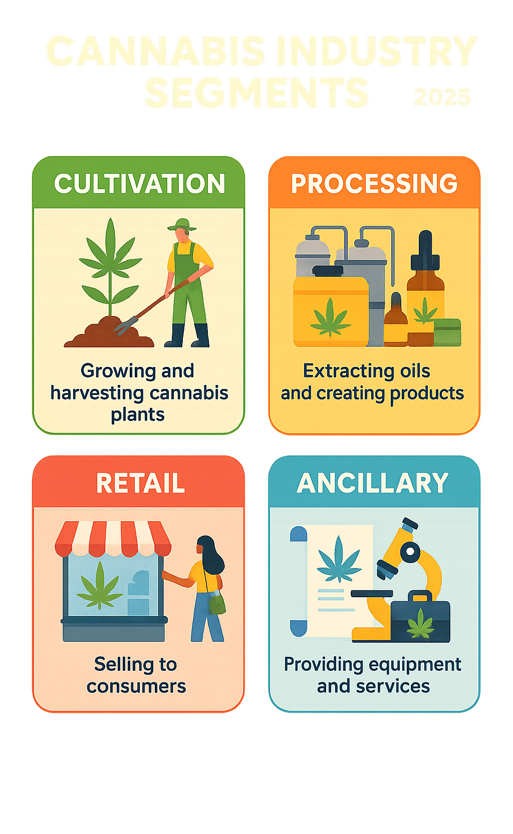 Infographic showing cannabis industry segments: cultivation companies growing and harvesting cannabis plants, processing facilities extracting oils and creating products, retail dispensaries selling to consumers, and ancillary businesses providing equipment and services to the industry - 5starsstocks.com cannabis infographic 