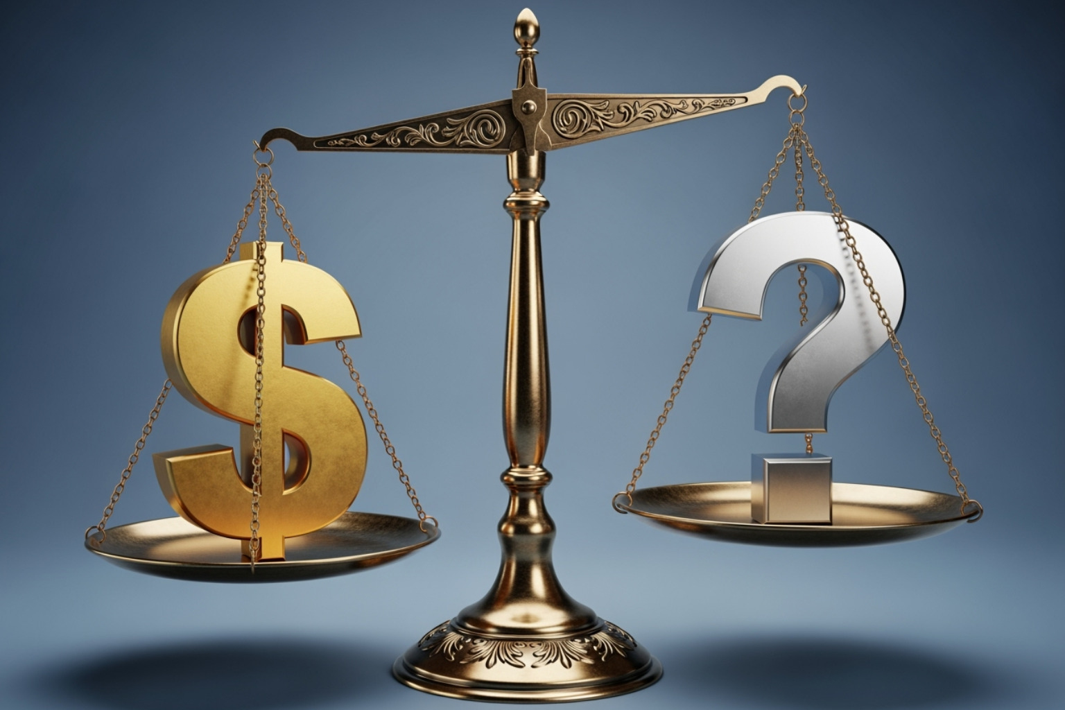 A scale balancing a dollar sign against a question mark, symbolizing risk vs. reward - 5starsstocks.com best stocks