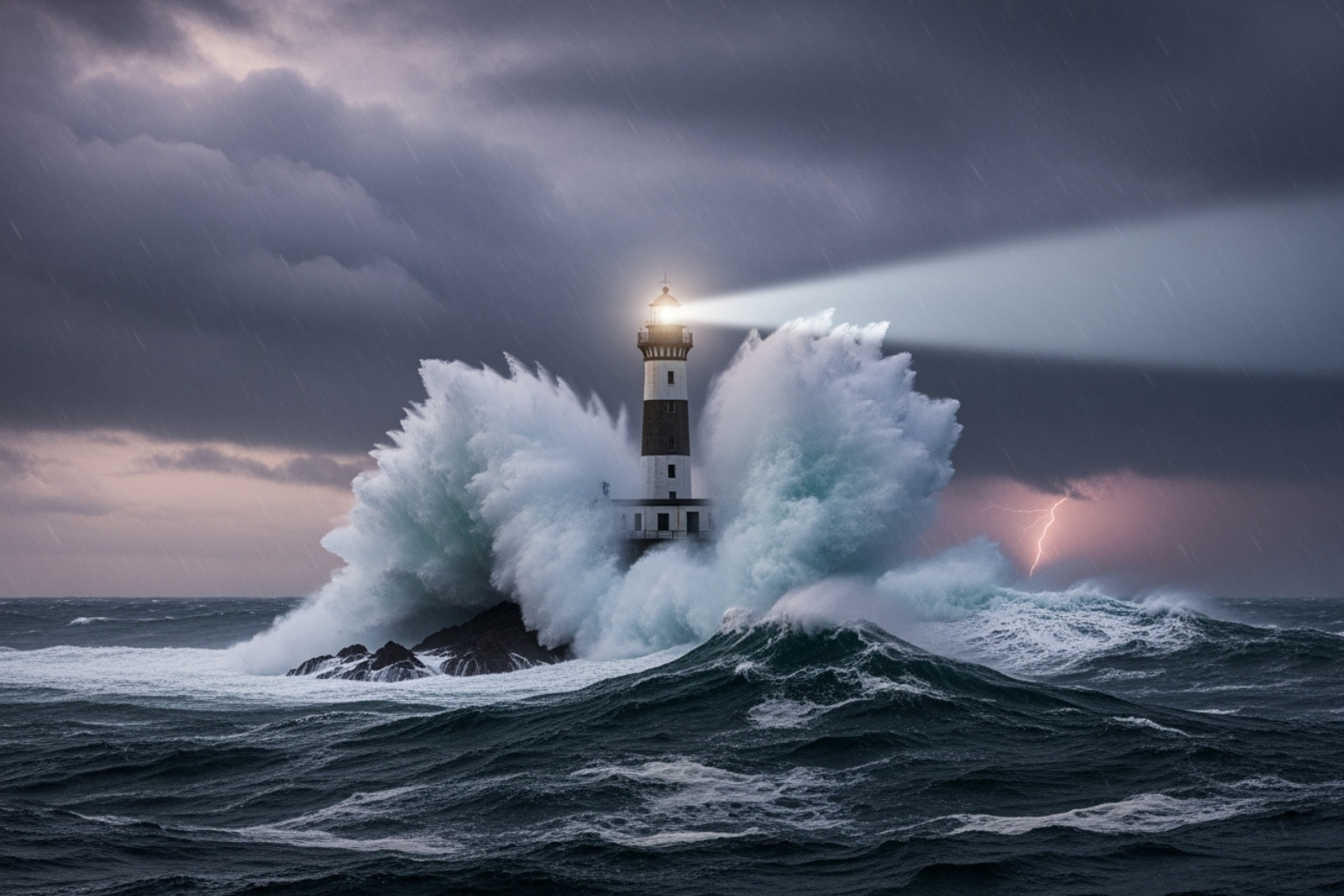 lighthouse shining a beam through a stormy sea, representing a stable investment strategy - 5starsstocks.com income stocks
