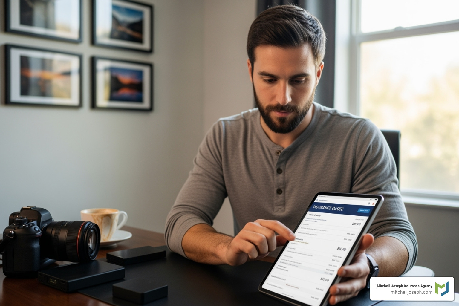 photographer reviewing insurance quote on a tablet - cheap general liability insurance for photographers photographer reviewing insurance quote on a tablet - cheap general liability insurance for photographers