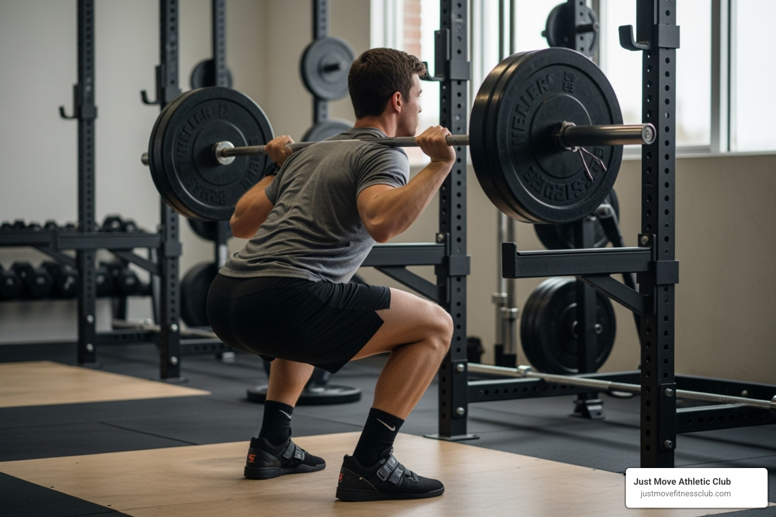 A person performing a barbell back squat with correct form, showing proper depth and back alignment - best workouts for leg growth
