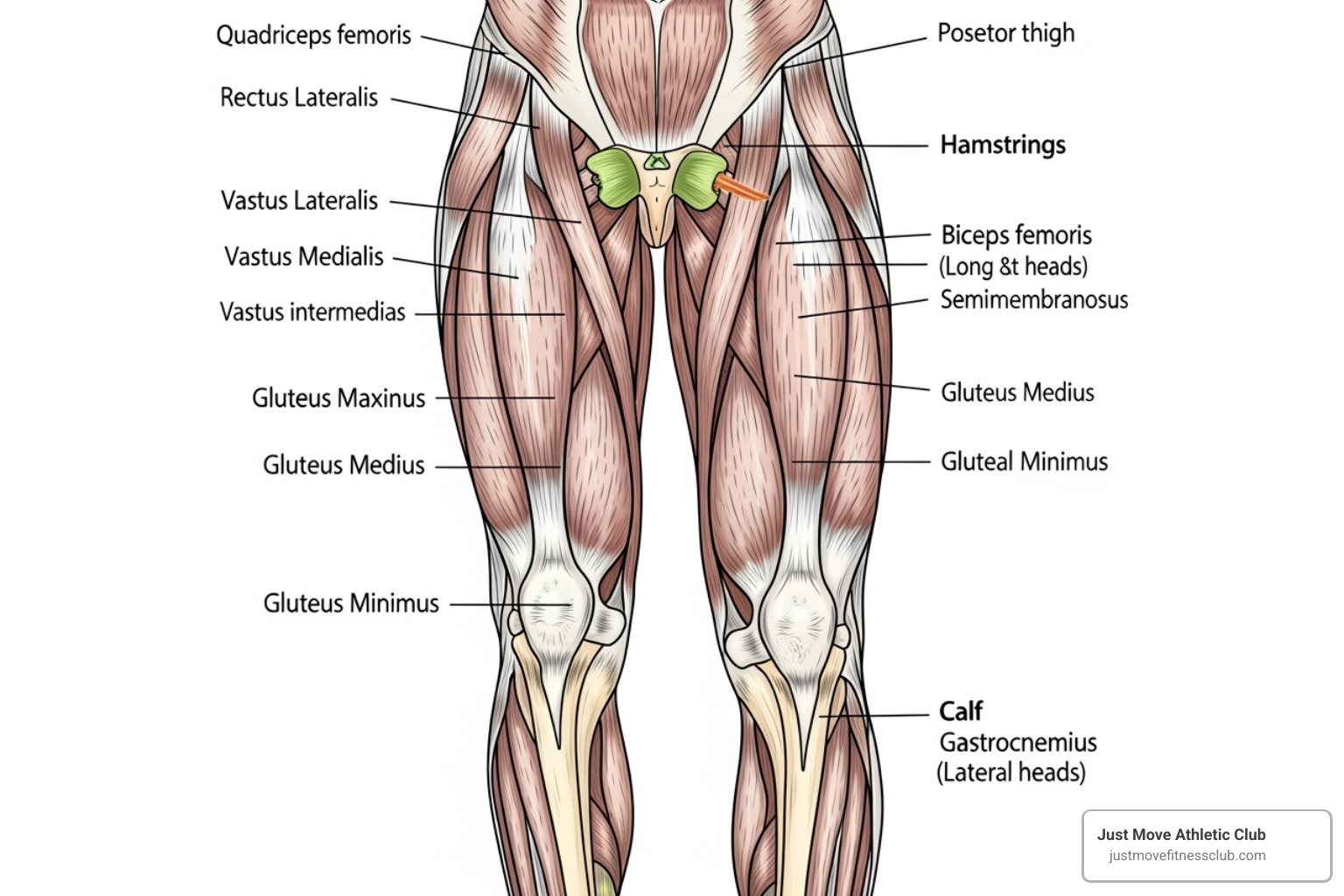 A detailed anatomical chart of the human leg muscles, showing the quadriceps, hamstrings, glutes, and calf muscles with their individual components clearly labeled - best workouts for leg growth
