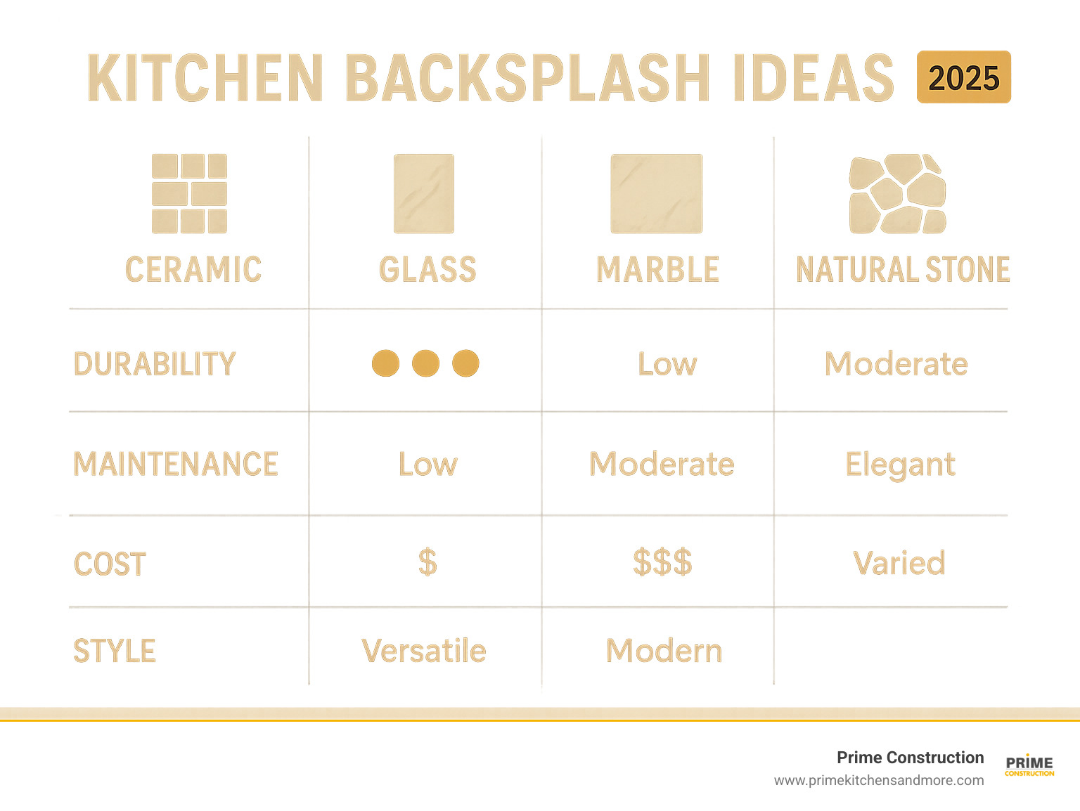 Comprehensive comparison of ceramic, glass, marble, and natural stone backsplash materials showing durability ratings, maintenance requirements, cost ranges, and style versatility for each option - Kitchen backsplash ideas infographic 