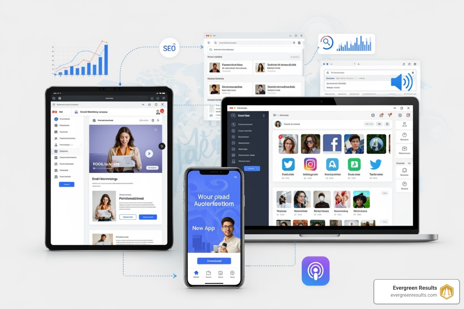 A collage showing different digital marketing channels like social media, email, and ads - health and wellness digital marketing