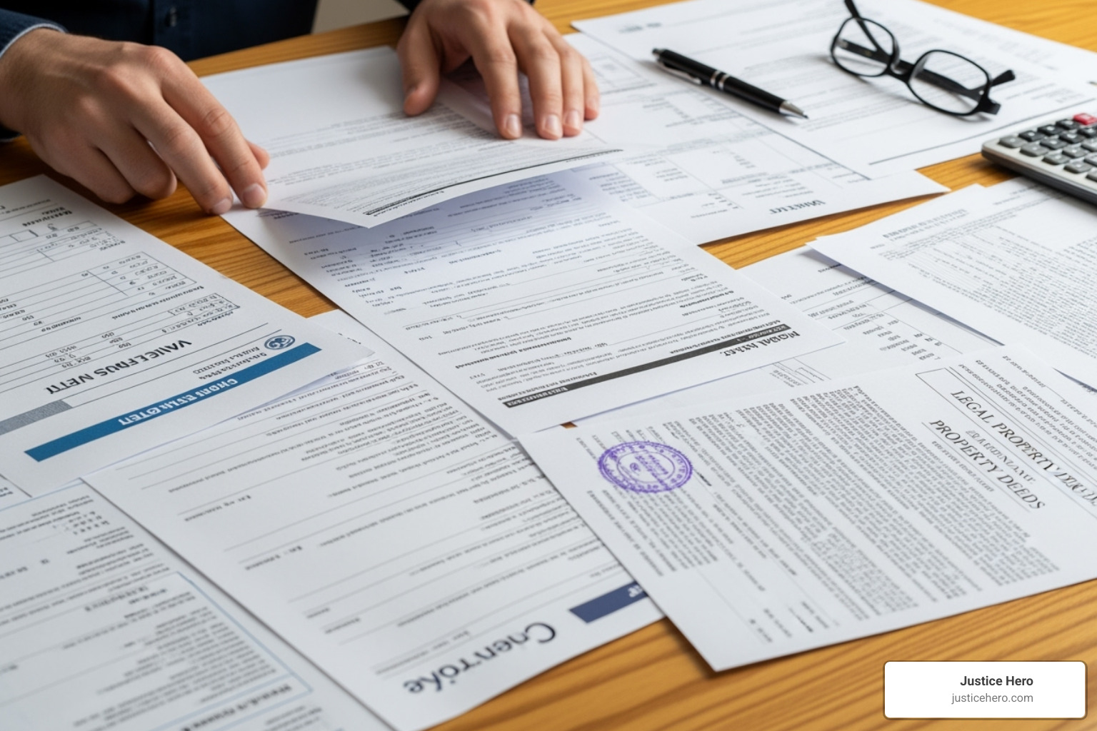 A person's hands sorting through various documents, including water test results, medical reports, and property deeds, laid out on a table as if preparing for a claim submission. - pfas settlement website A person's hands sorting through various documents, including water test results, medical reports, and property deeds, laid out on a table as if preparing for a claim submission. - pfas settlement website