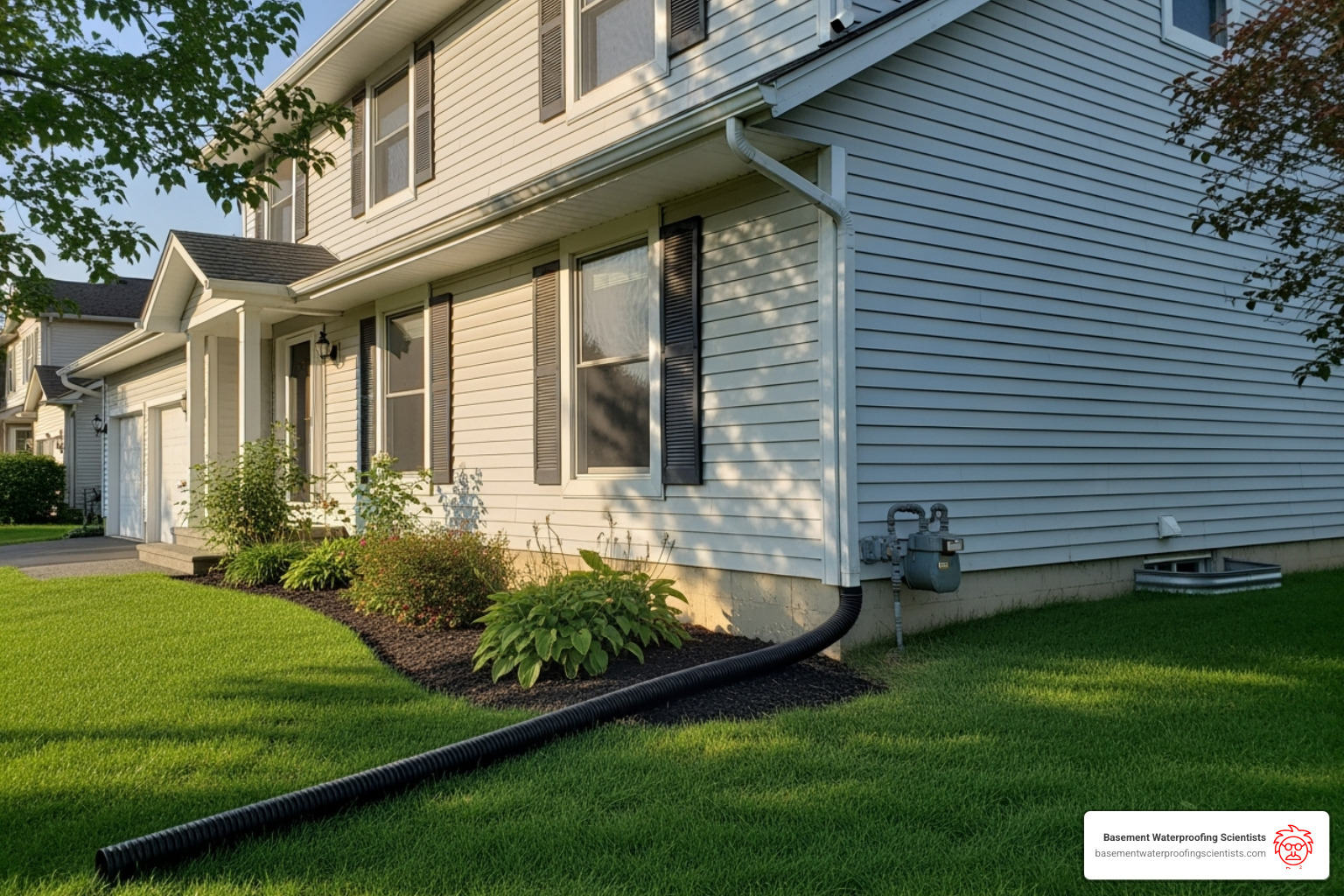 Proper gutter downspout extensions directing water away from a house - concrete foundation leak repair