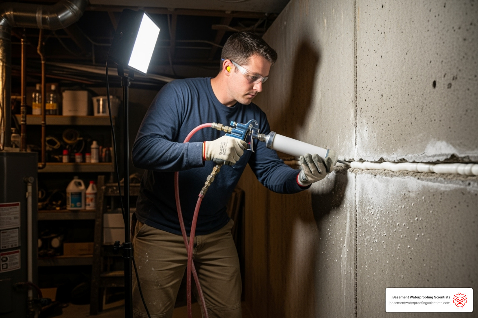 Technician performing polyurethane crack injection - concrete foundation leak repair