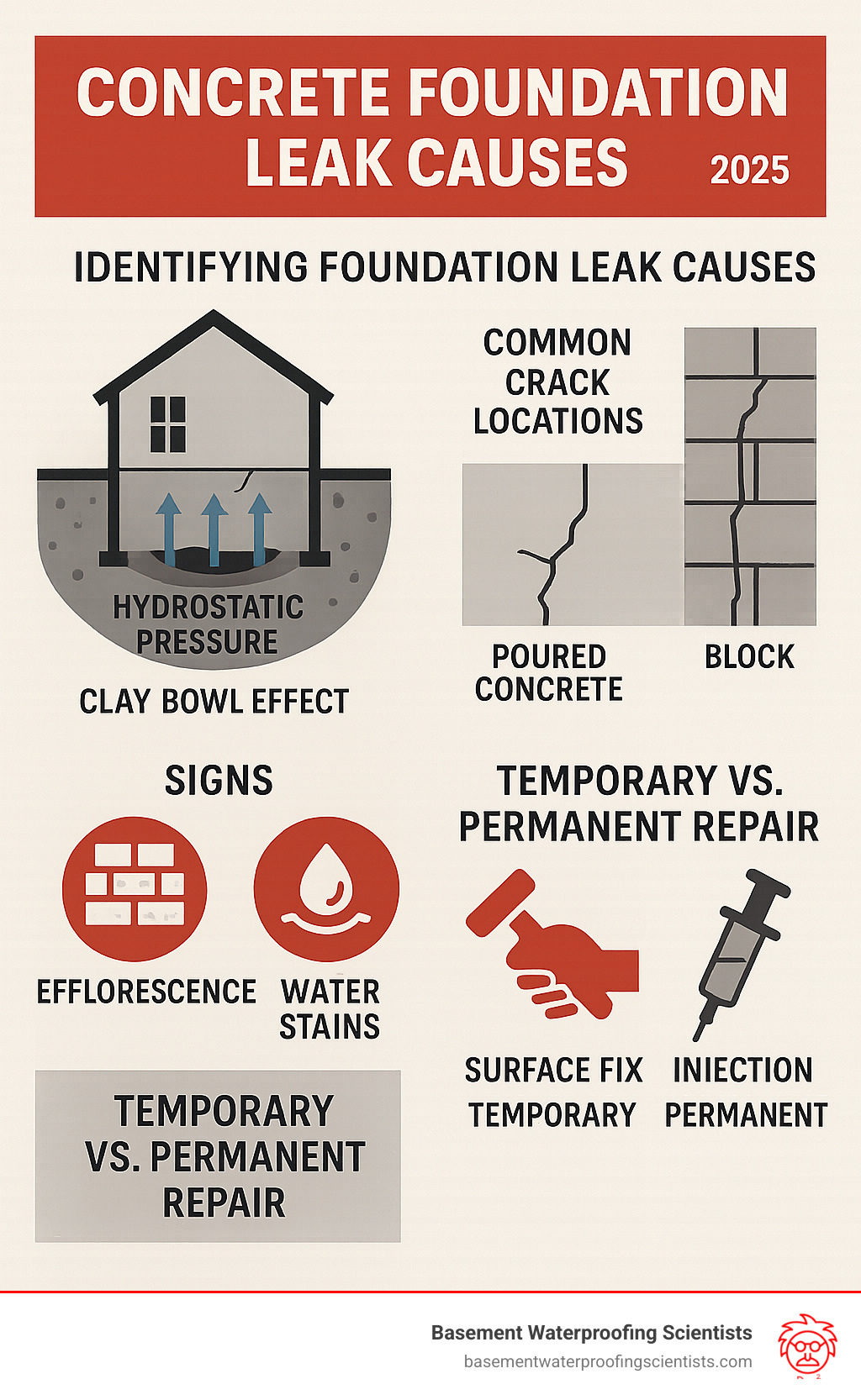 Comprehensive guide to identifying foundation leak causes including hydrostatic pressure from clay bowl effect, common crack locations in poured concrete and block foundations, signs like efflorescence and water stains, and comparison of temporary surface fixes versus permanent injection repair methods - concrete foundation leak repair infographic 