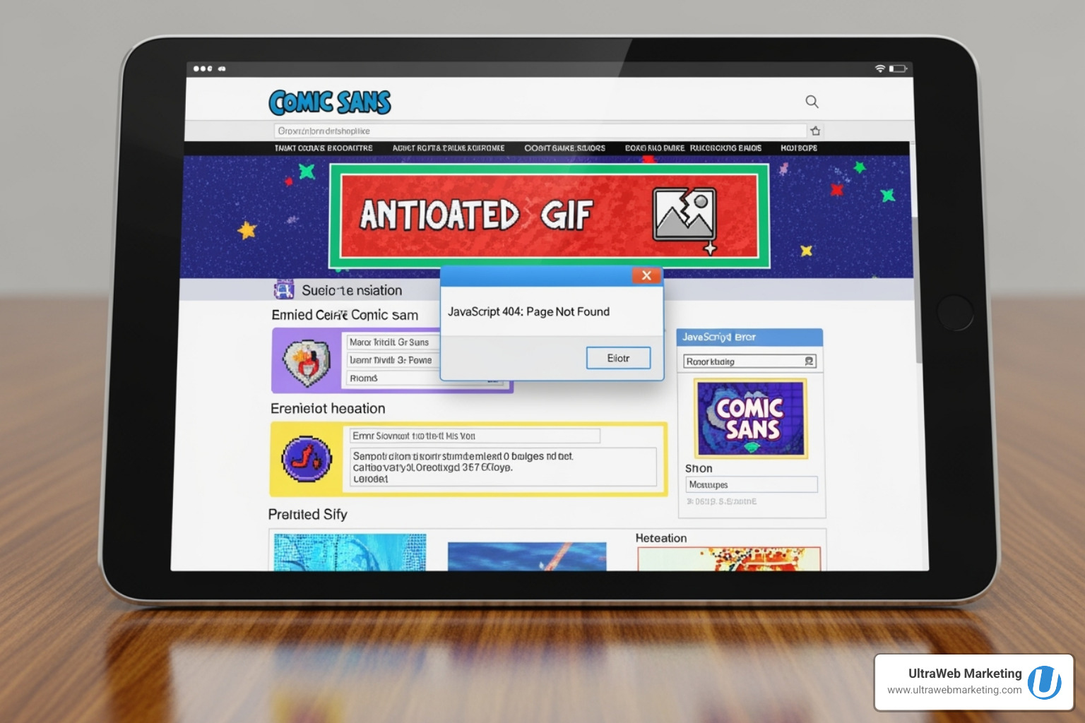 Image of a broken, outdated-looking website on a tablet screen - website maintenance boca raton