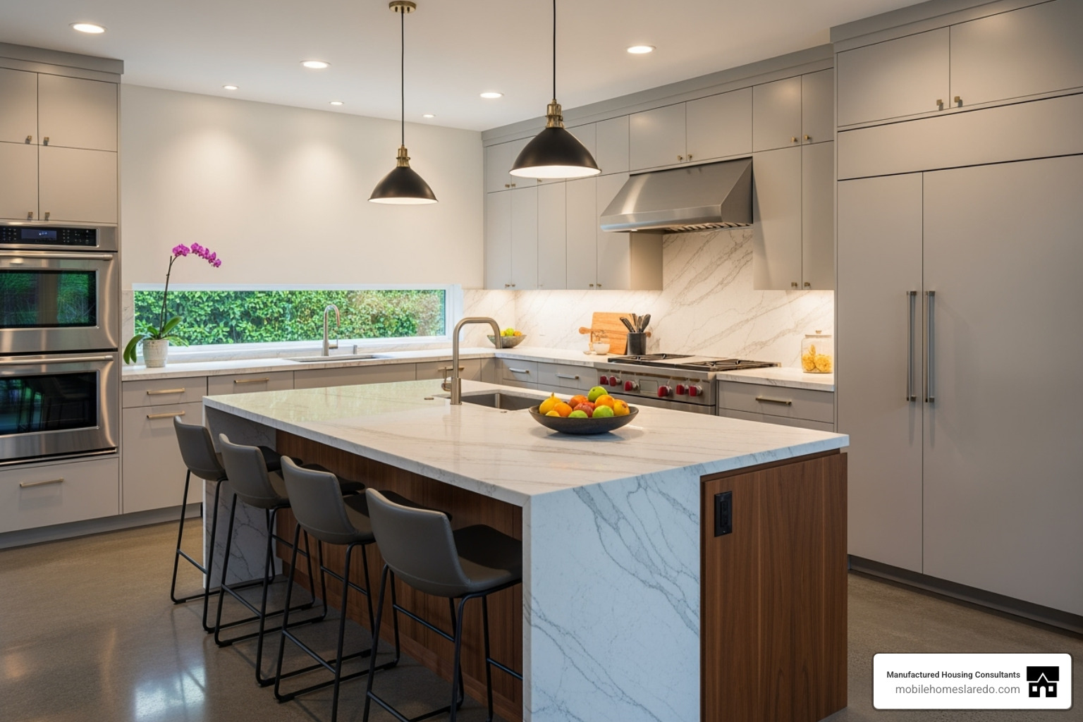 Interior of an upscale Champion home with modern kitchen, island seating, and sleek finishes - best brand of manufactured homes Interior of an upscale Champion home with modern kitchen, island seating, and sleek finishes - best brand of manufactured homes