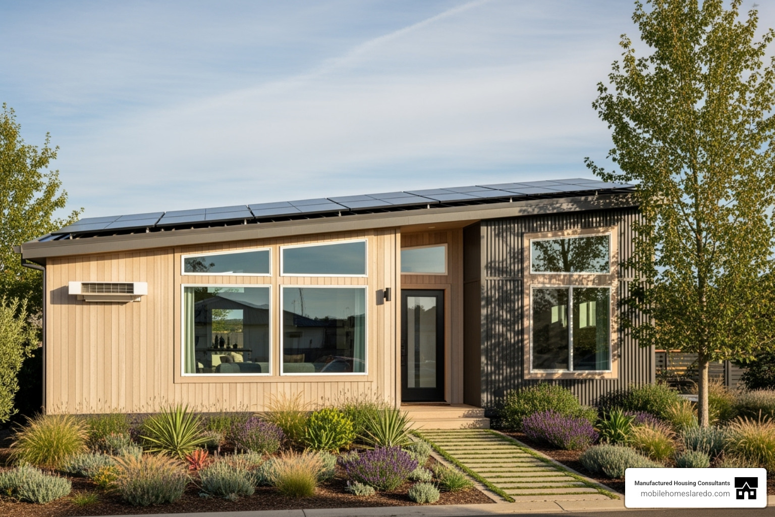Exterior of a modern, energy-efficient Skyline home with solar panels and green landscaping - best brand of manufactured homes Exterior of a modern, energy-efficient Skyline home with solar panels and green landscaping - best brand of manufactured homes