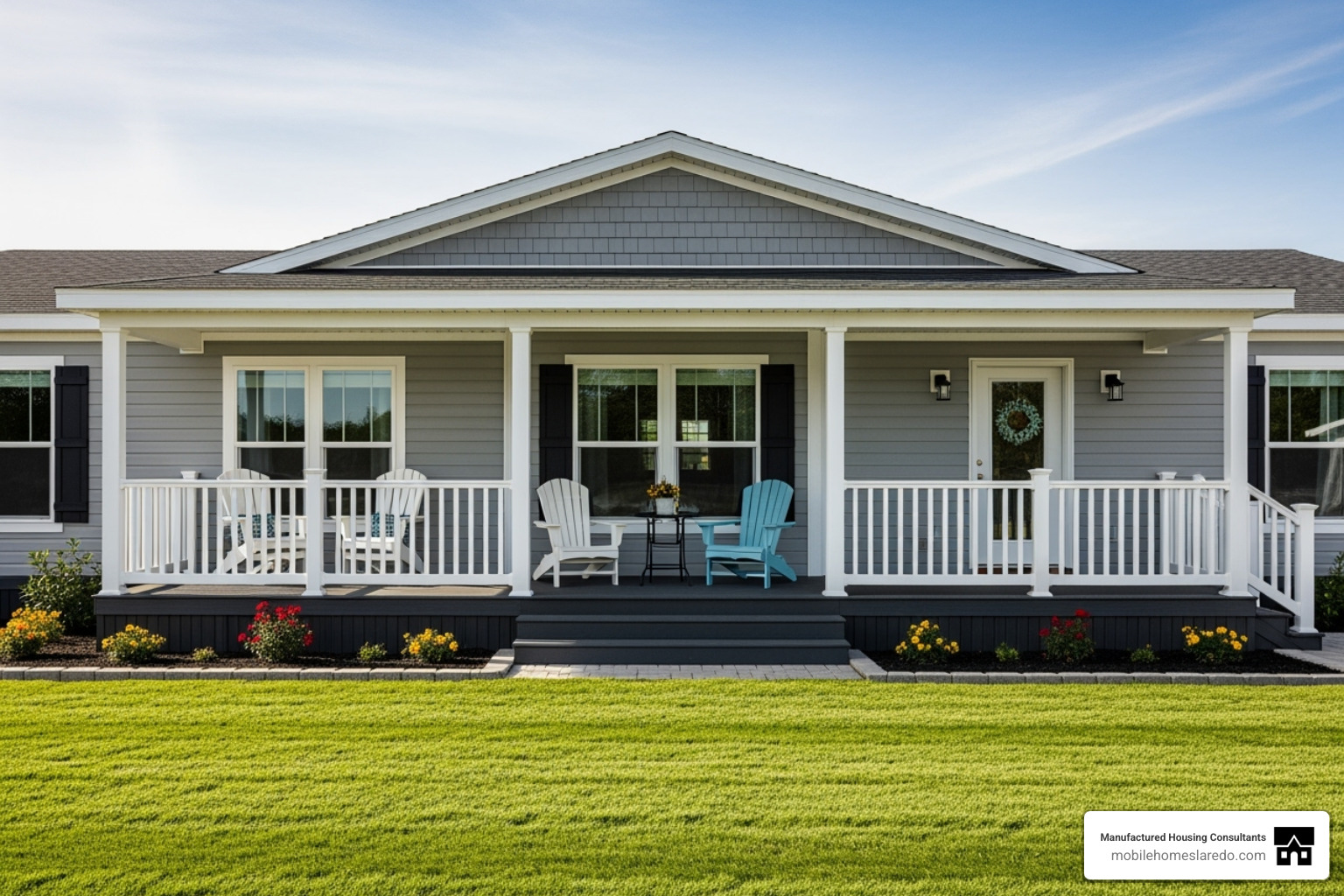 Exterior of a modern Clayton Home model with a large porch and well-maintained yard - best brand of manufactured homes Exterior of a modern Clayton Home model with a large porch and well-maintained yard - best brand of manufactured homes