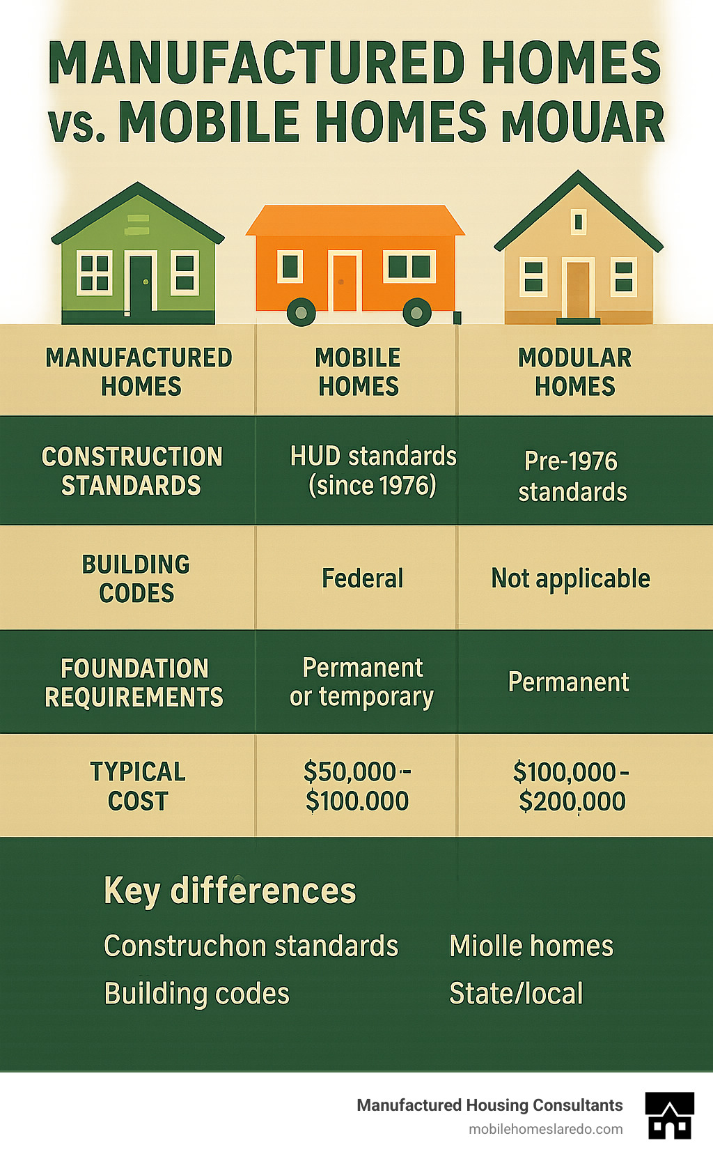 Infographic showing comparison between manufactured homes, mobile homes, and modular homes with key differences in construction standards, building codes, foundation requirements, and typical costs - best brand of manufactured homes infographic Infographic showing comparison between manufactured homes, mobile homes, and modular homes with key differences in construction standards, building codes, foundation requirements, and typical costs - best brand of manufactured homes infographic
