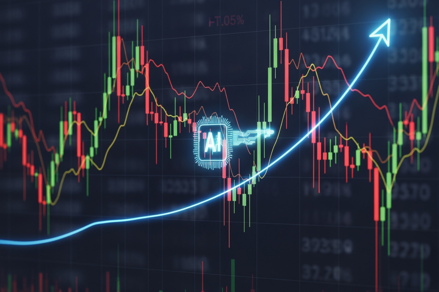 A volatile stock market graph with an AI icon identifying a stable path - 5starsstocks.com ai