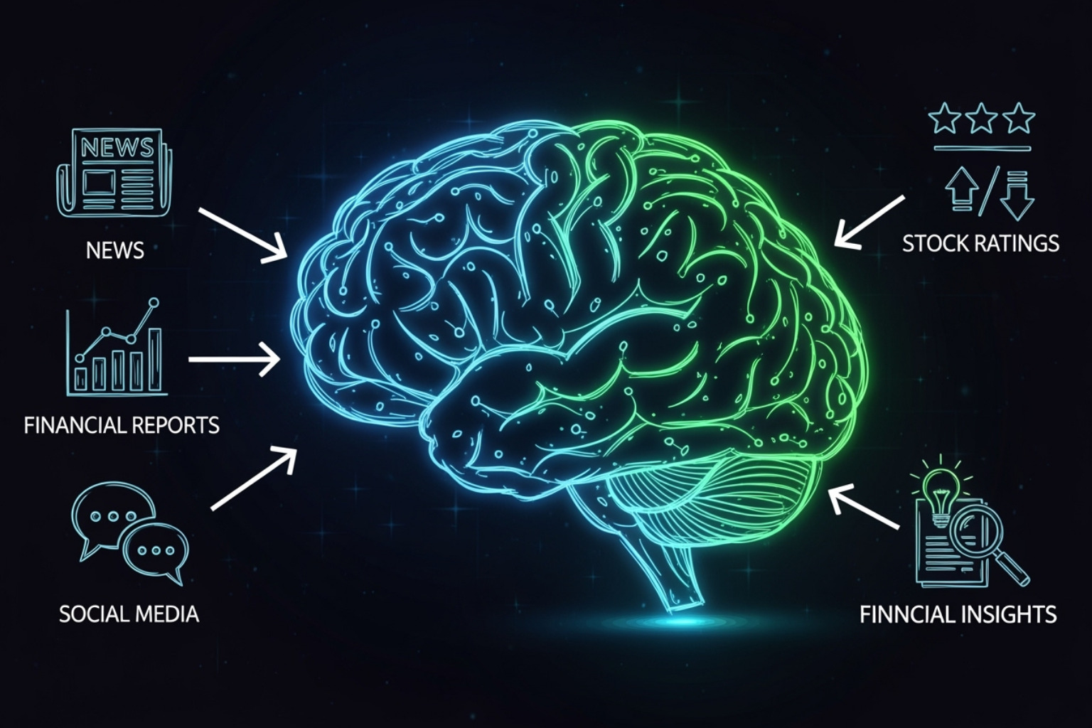 A diagram showing data inputs (news, reports, social media) flowing into an AI brain icon and outputting stock ratings - 5starsstocks.com ai