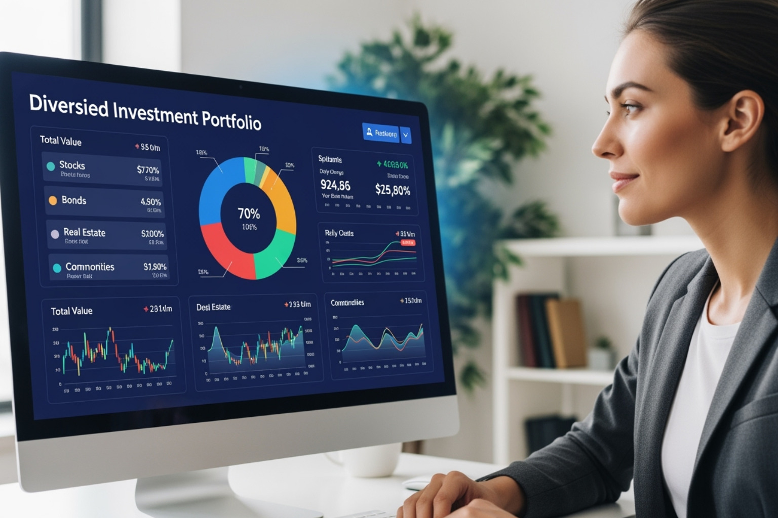A person looking confidently at a screen showing a diversified portfolio - 5starsstocks.com ai