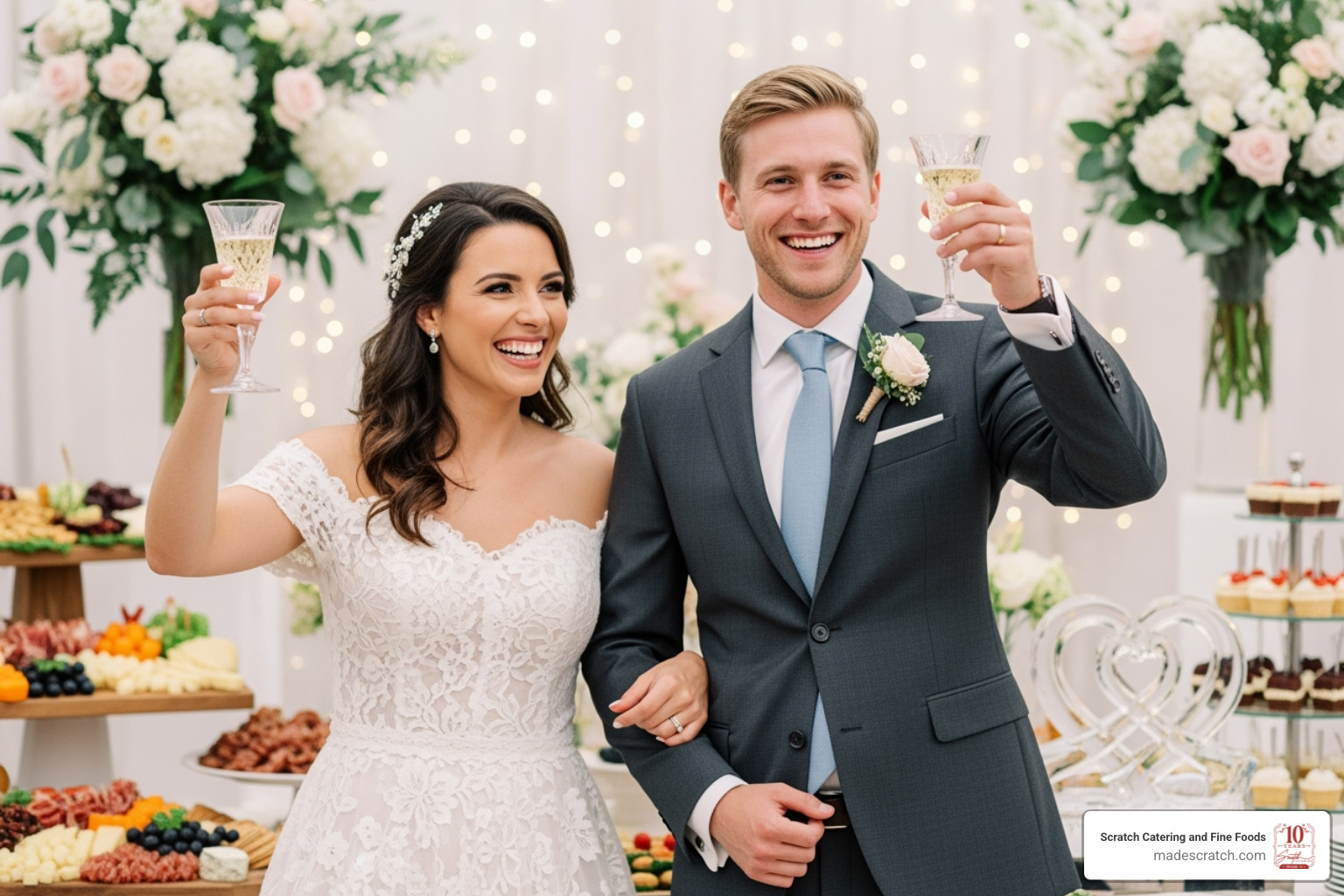 A happy couple smiling and raising a toast, with blurred unique wedding food and decorations in the background, symbolizing a successful and creative catered event - creative wedding catering dfw A happy couple smiling and raising a toast, with blurred unique wedding food and decorations in the background, symbolizing a successful and creative catered event - creative wedding catering dfw