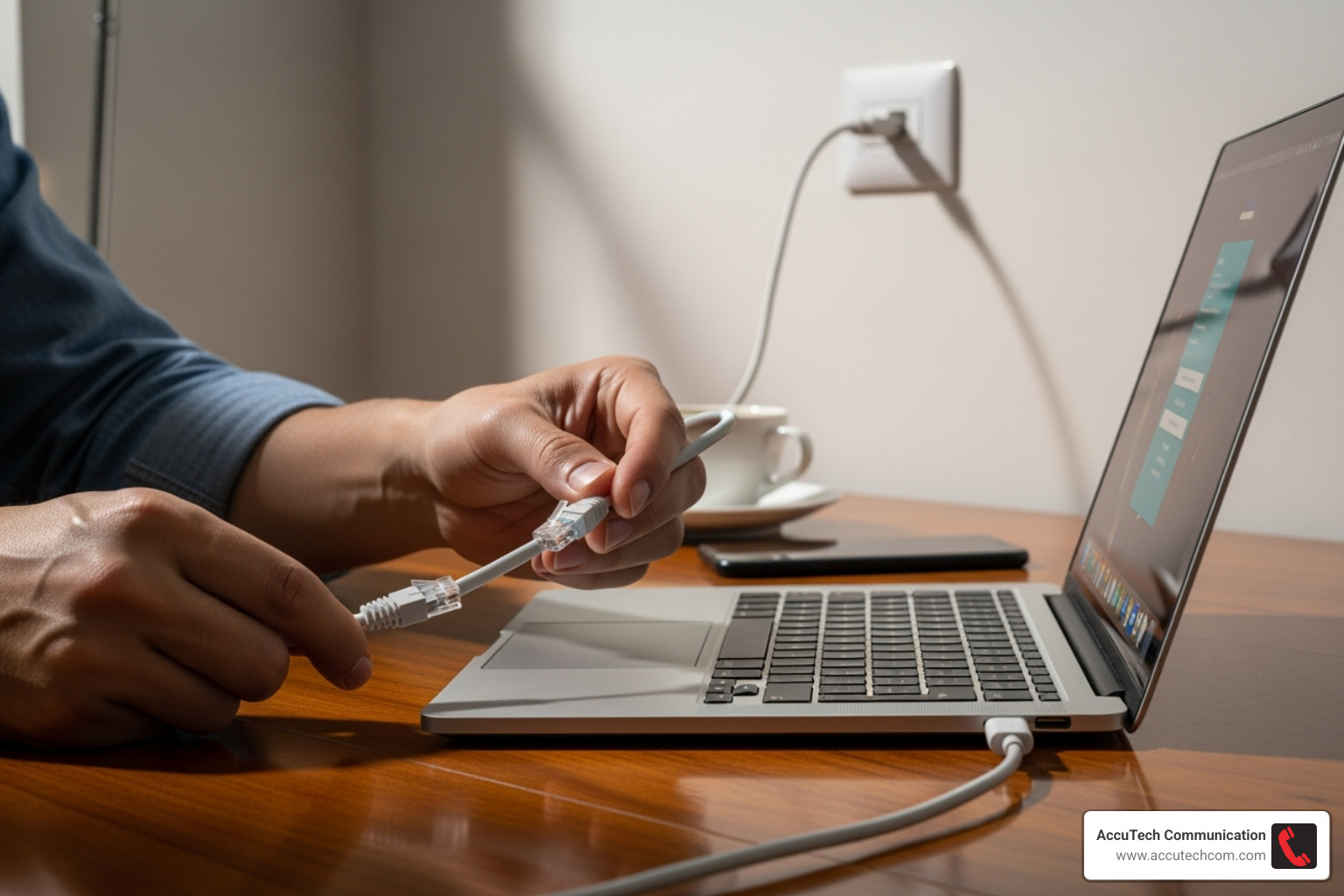 A person plugging an Ethernet cable into a laptop from a wall port - internet wall port