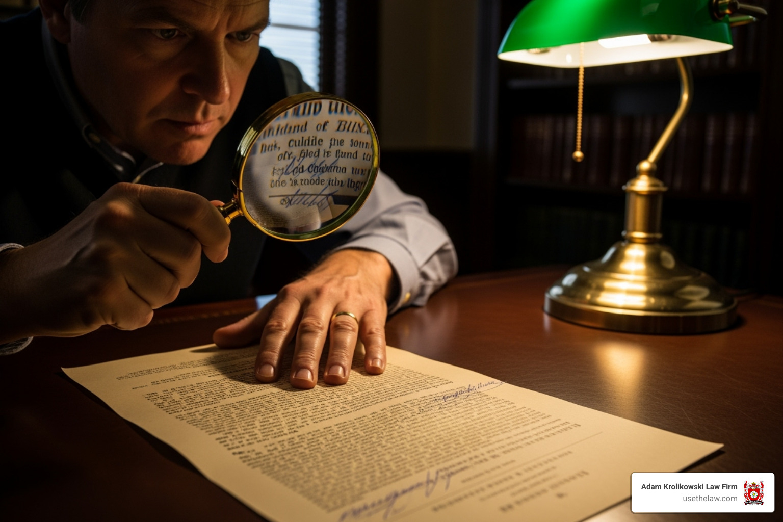 Person reviewing a legal document with a magnifying glass - No win no fee