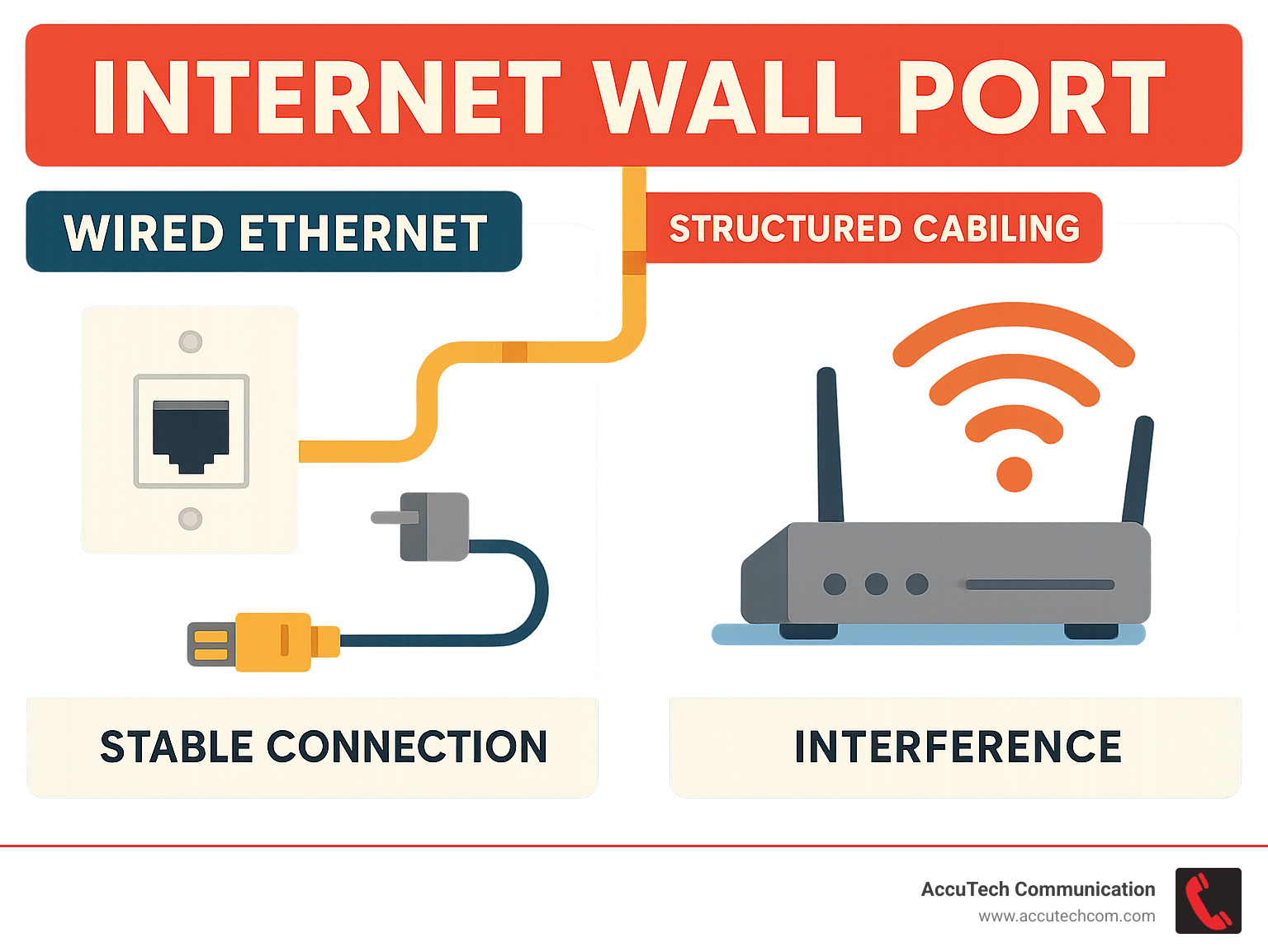 Detailed infographic showing the path of data from router through structured cabling system to internet wall port, contrasting wired Ethernet connection stability with Wi-Fi signal interference and range limitations - internet wall port infographic 