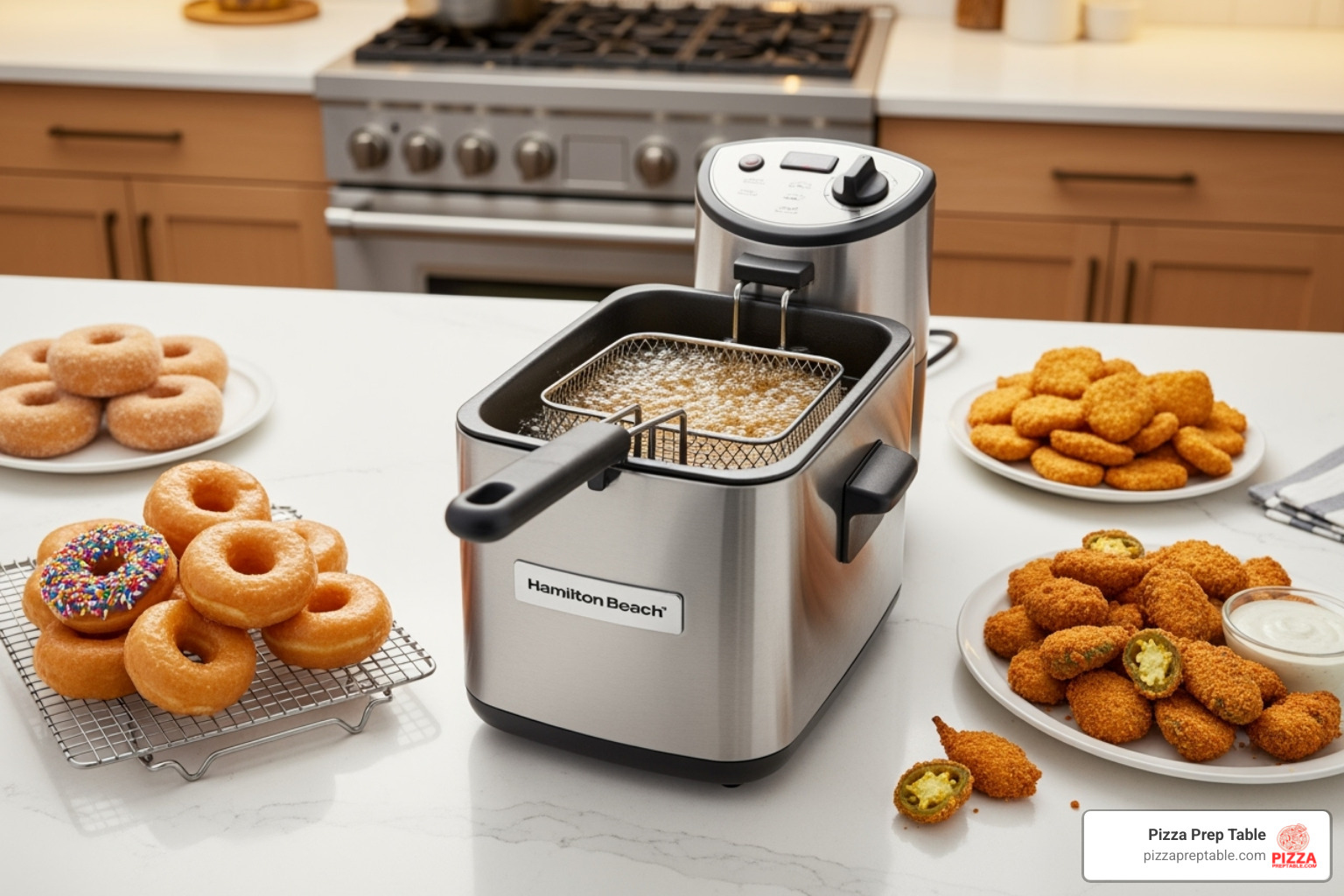 the Hamilton Beach fryer on a kitchen counter with various fried foods like donuts and jalapeño poppers arranged around it - double fryer