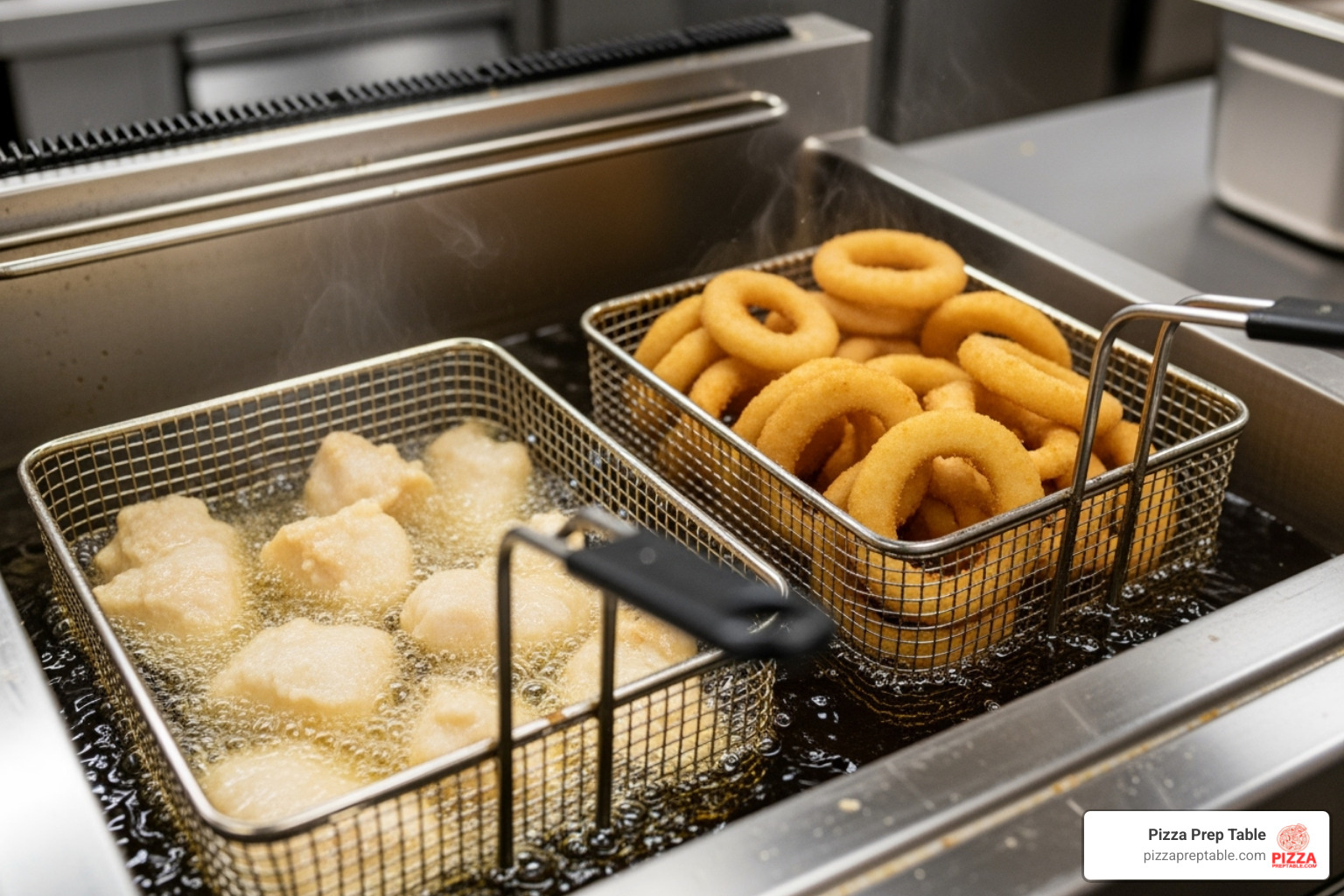 two different foods, like fish and onion rings, frying side-by-side in separate baskets - double fryer
