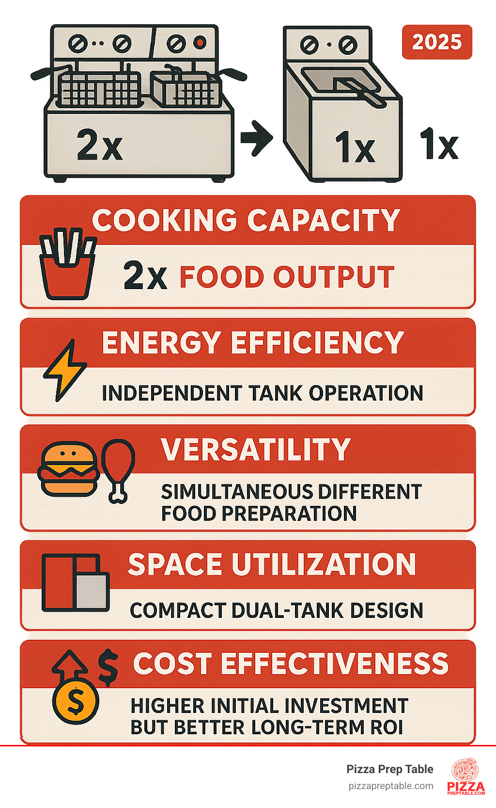 Comprehensive comparison chart showing double fryer vs single fryer benefits including cooking capacity (2x food output), energy efficiency (independent tank operation), versatility (simultaneous different food preparation), space utilization (compact dual-tank design), and cost effectiveness (higher initial investment but better long-term ROI) - double fryer infographic 
