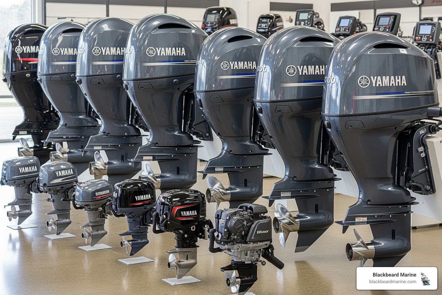 Different Yamaha outboard models lined up - yamaha outboard motors for sale