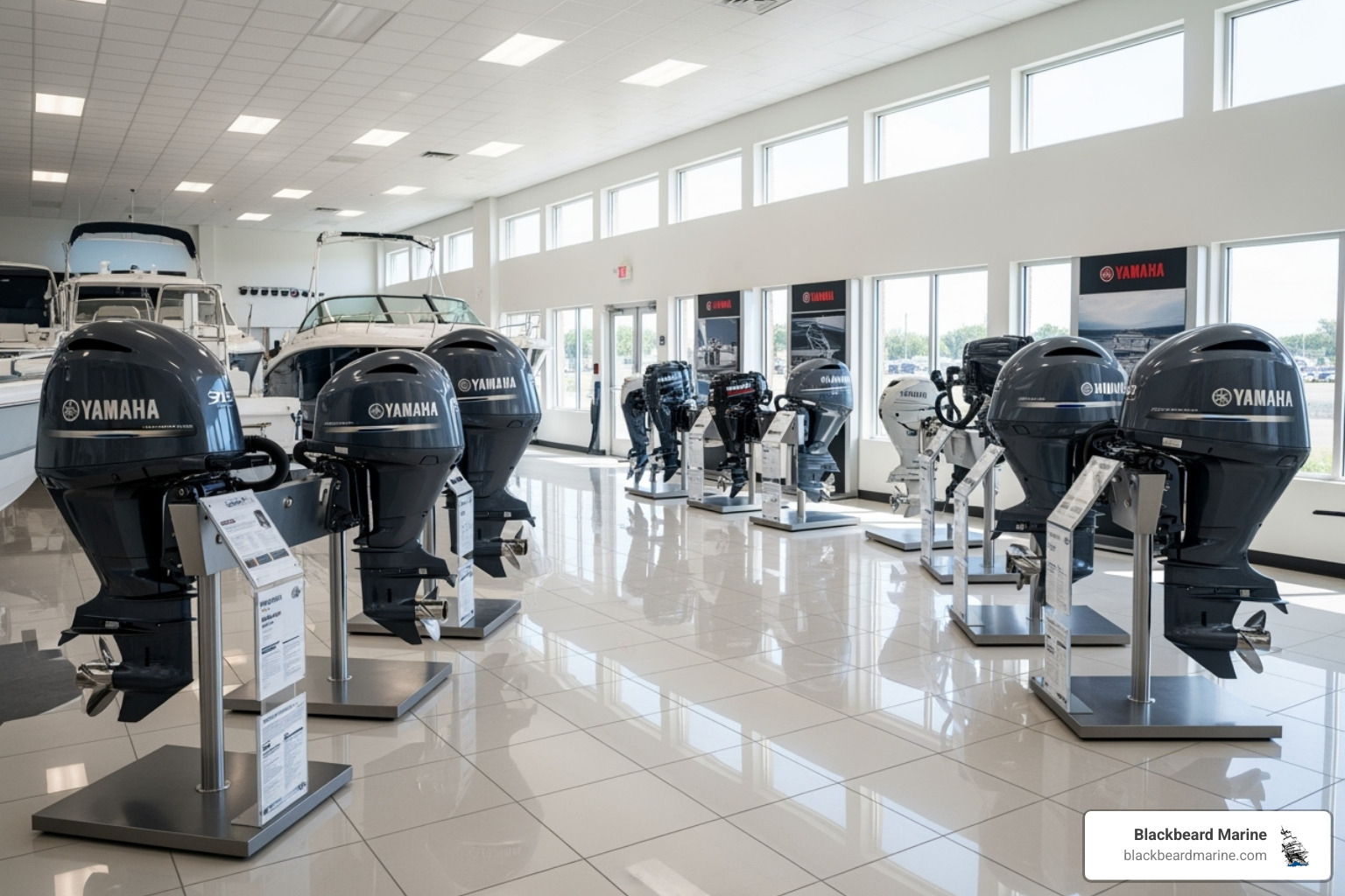 Professional boat dealership showroom with Yamaha motors on display - yamaha outboard motors for sale