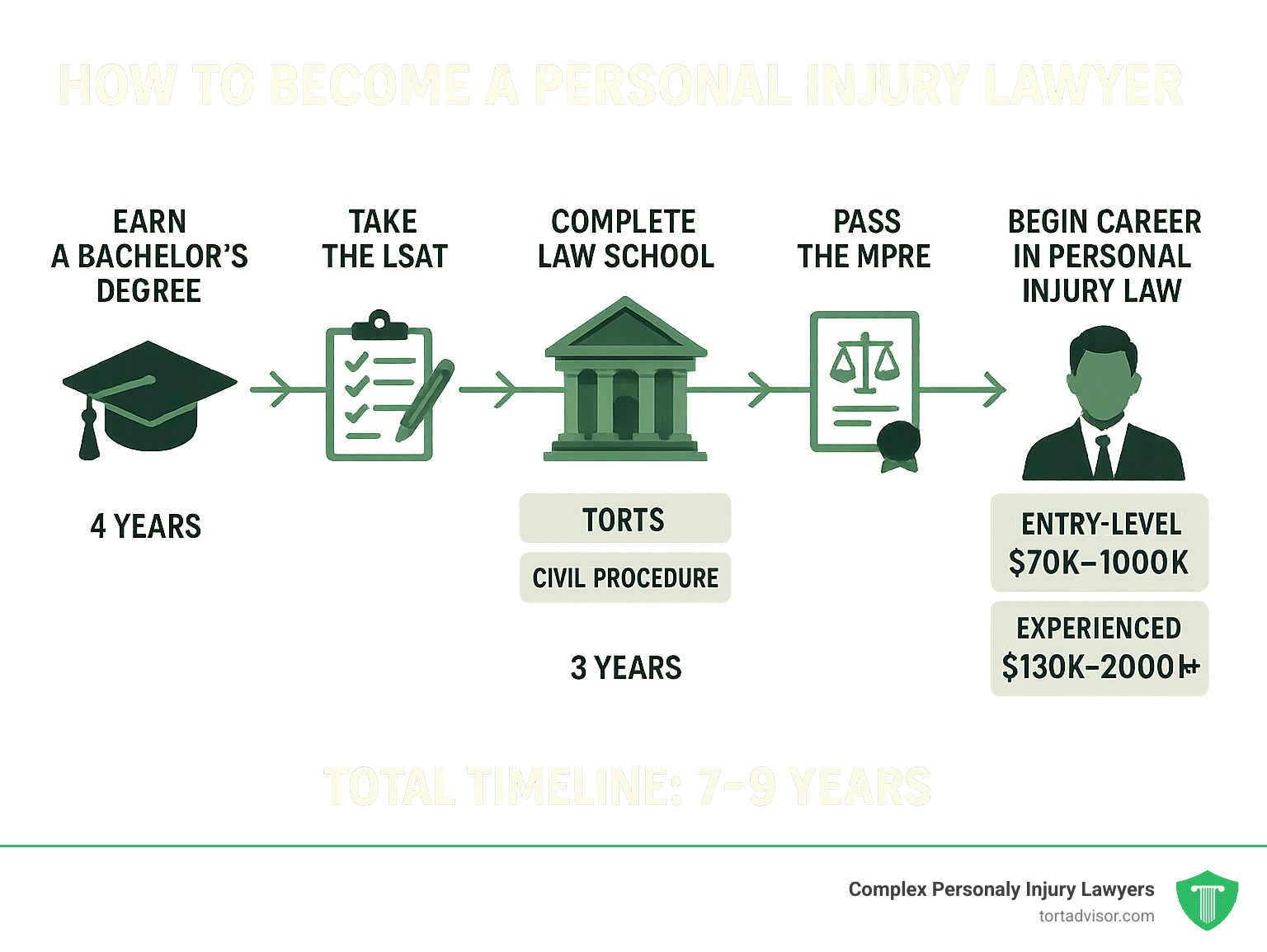 Comprehensive timeline infographic showing the 7-9 year path from undergraduate degree through bachelor's degree completion, LSAT preparation and testing, three years of law school including key coursework like torts and civil procedure, bar exam preparation and passage, MPRE completion, and initial career development in personal injury law with salary progression from entry-level $70k-$100k to experienced $130k-$200k+ - how to become a personal injury lawyer infographic 