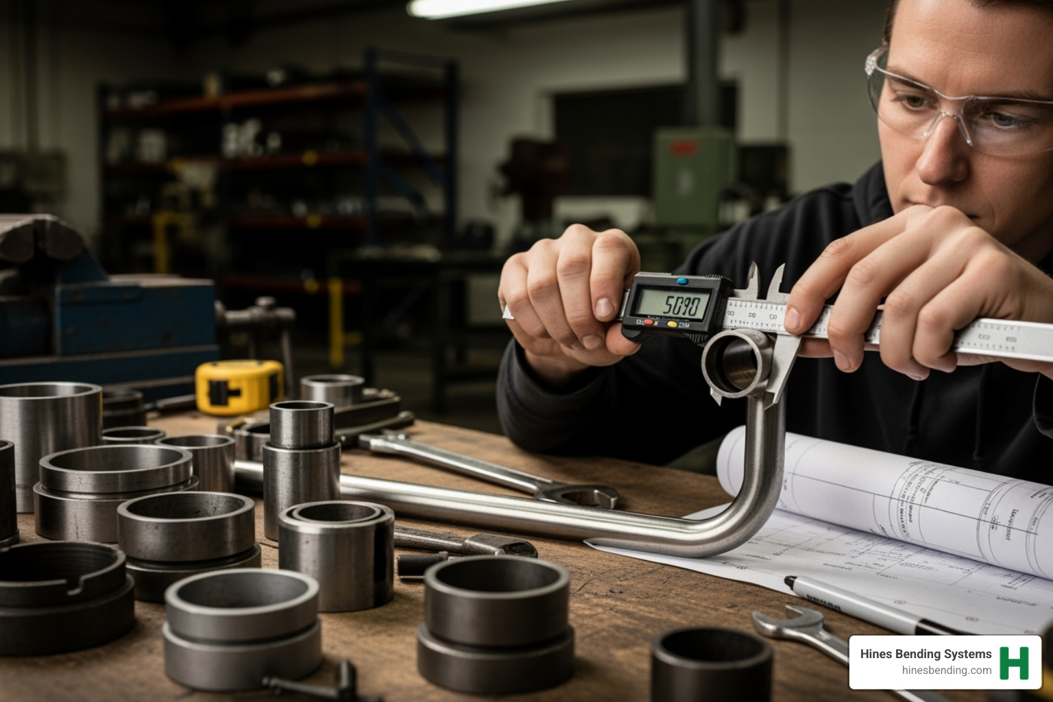 An engineer carefully measuring a tube's outside diameter with calipers, with a diverse selection of tube bender dies laid out on a workbench beside them. - tube bender dies