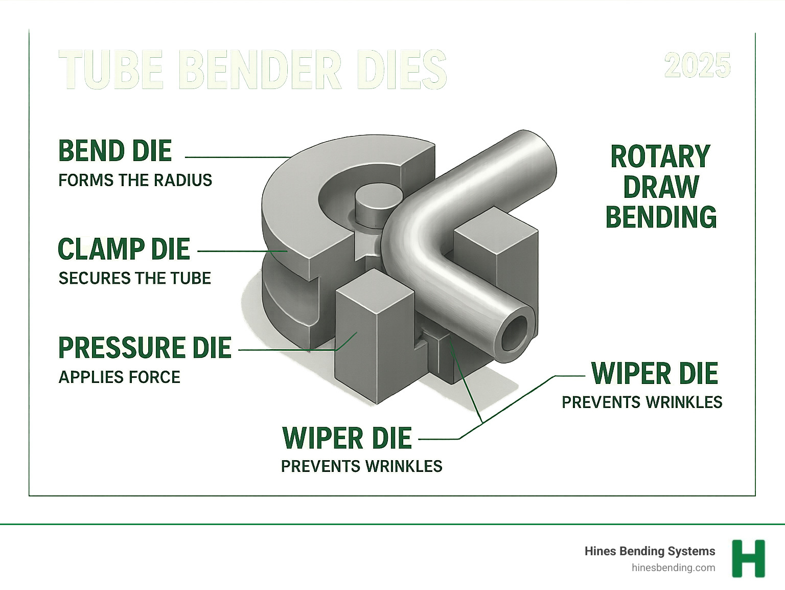 Comprehensive breakdown of tube bender die components showing bend die forming the radius, clamp die securing the tube, pressure die applying force, and wiper die preventing wrinkles during the rotary draw bending process - tube bender dies infographic 