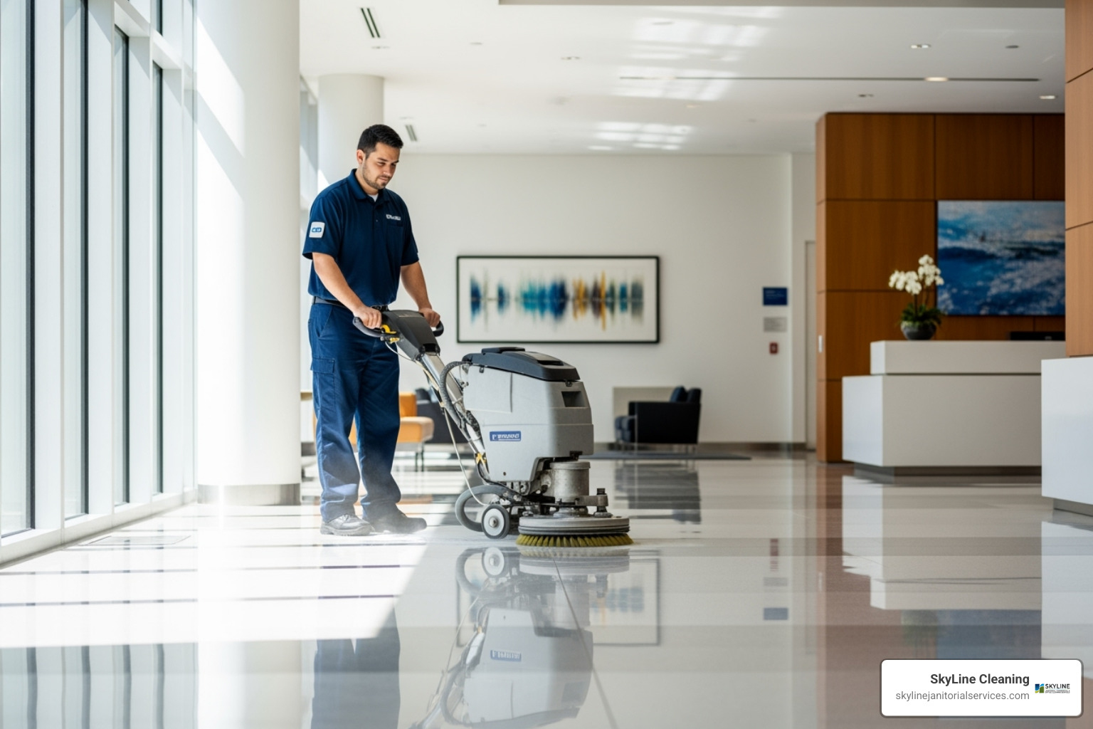 uniformed cleaning professional polishing a commercial building's floor - the janitorial company uniformed cleaning professional polishing a commercial building's floor - the janitorial company