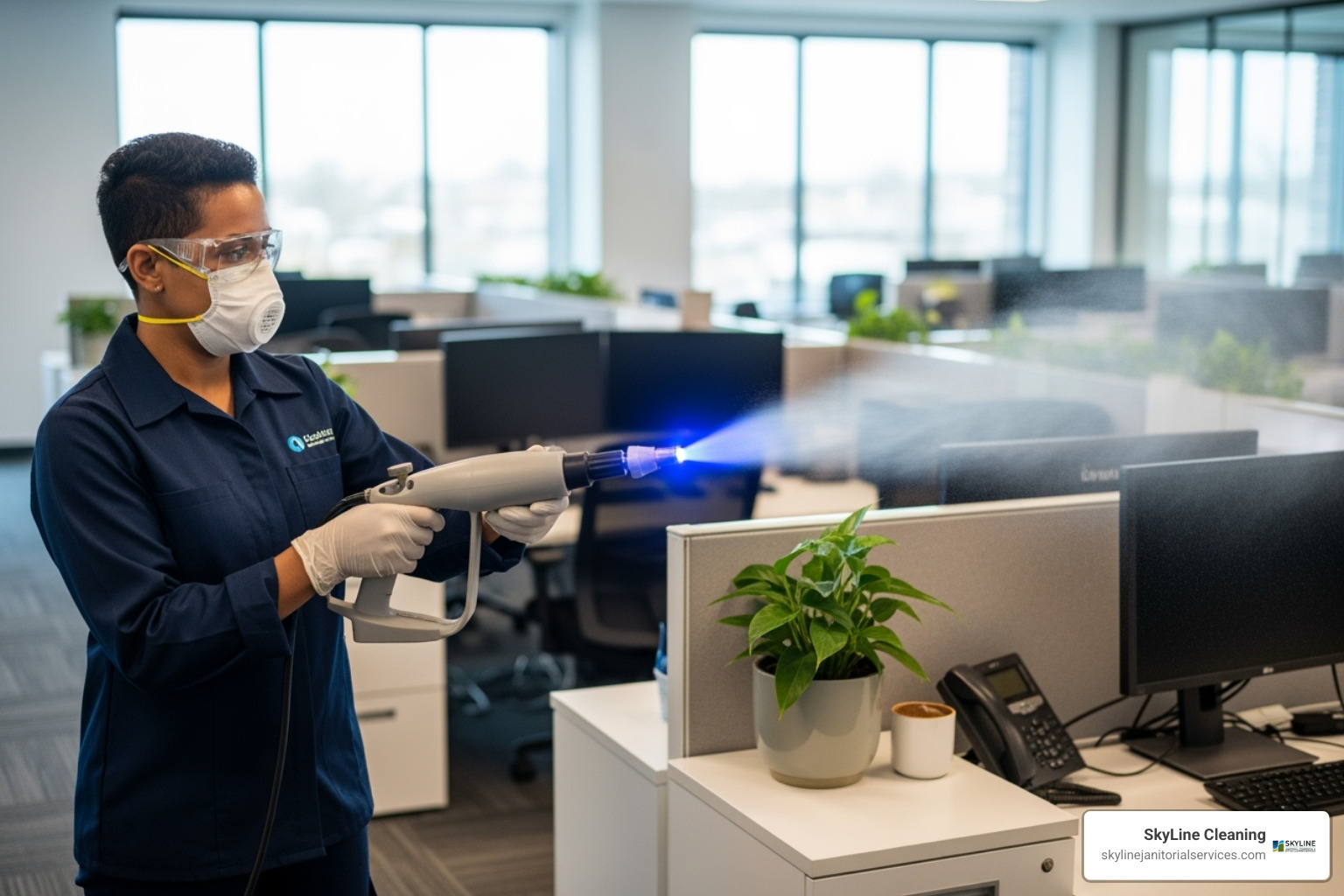 cleaning professional using an electrostatic sprayer for disinfection - the janitorial company cleaning professional using an electrostatic sprayer for disinfection - the janitorial company