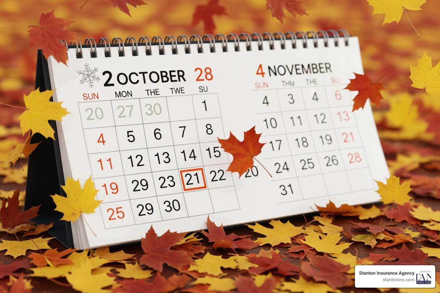 Calendar with late October/early November highlighted, showing falling leaves and a snowflake icon - Winterize sprinkler systems
