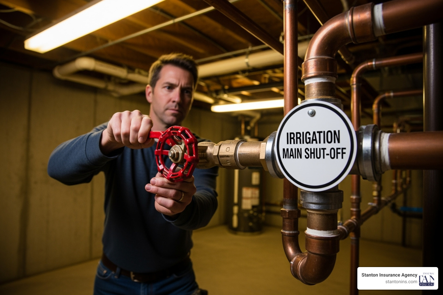 Homeowner turning off the main water shut-off valve for their irrigation system, located in a basement - Winterize sprinkler systems