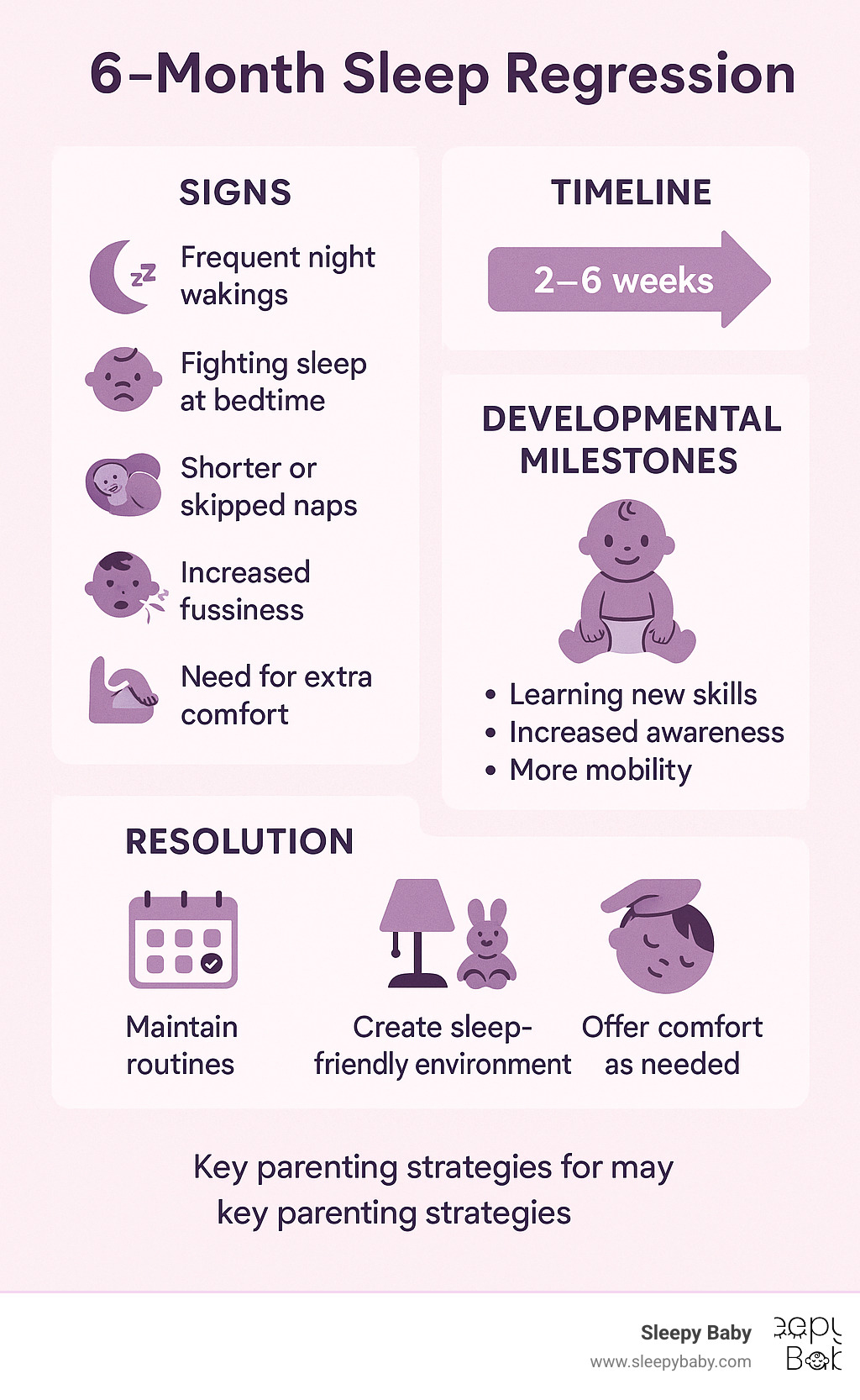Detailed infographic showing the cycle of 6-month sleep regression from initial signs through developmental milestones to resolution, including timeline of 2-6 weeks and key parenting strategies - 6 month old sleep regression signs infographic 