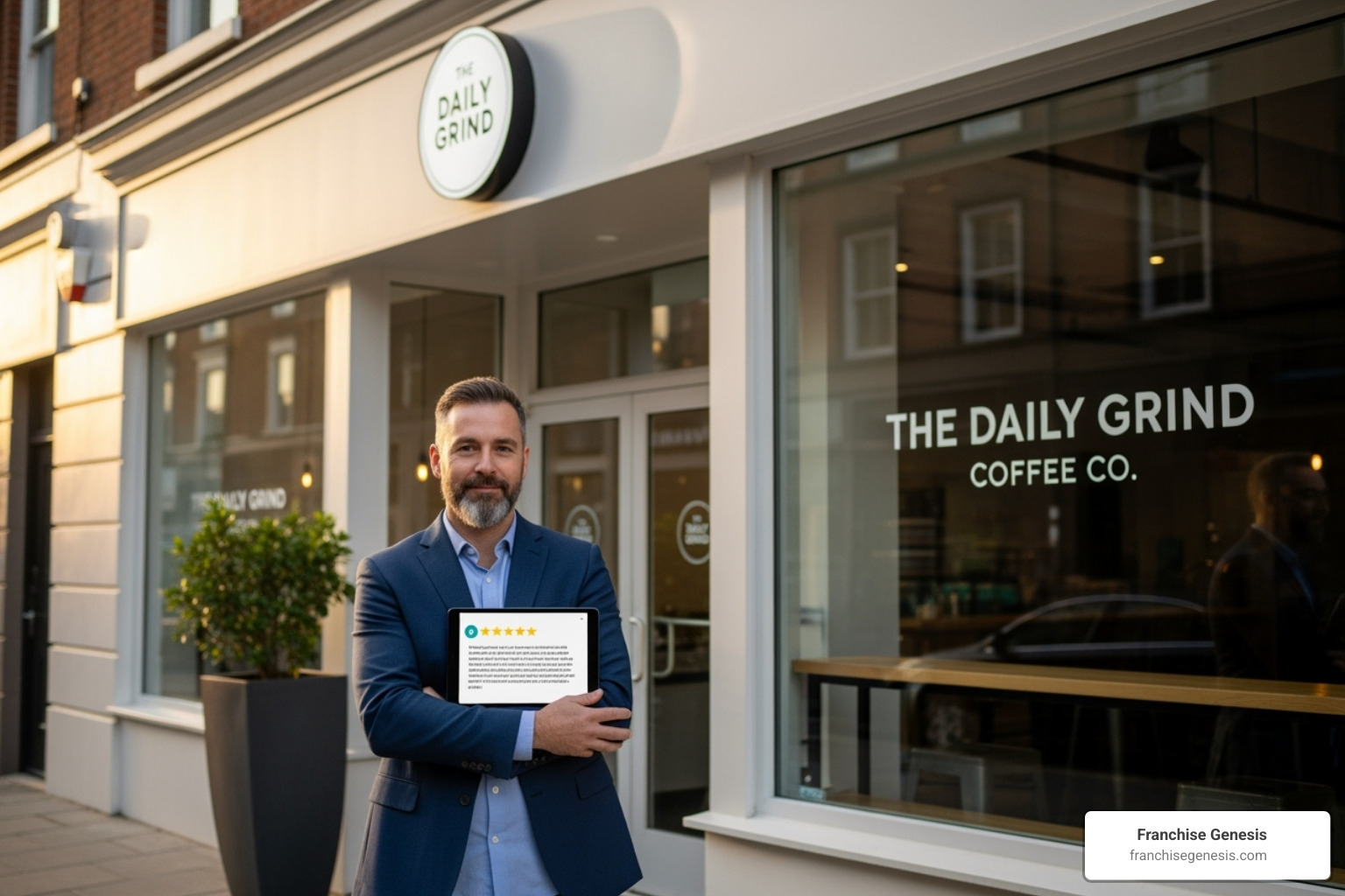 A franchisee proudly standing in front of their well-maintained store, showcasing brand consistency and pride - franchisee