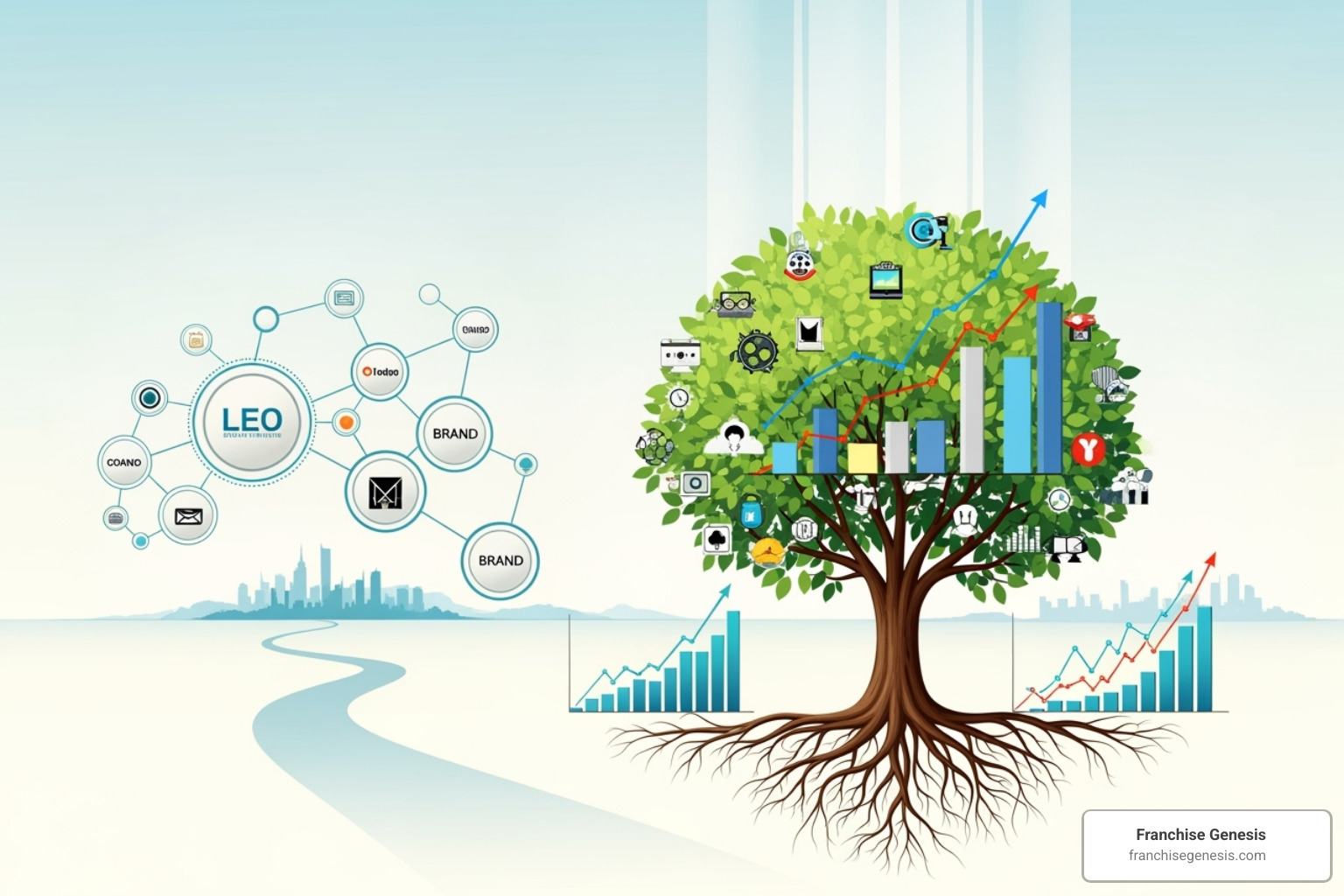 A flowchart showing business growth through franchising, illustrating expansion and increasing brand presence - franchisee