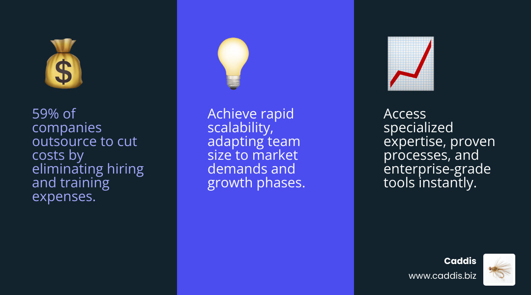 Infographic showing the top 3 benefits of outsourced sales and marketing: 59% cost reduction through eliminated hiring and training expenses, access to specialized expertise including proven processes and enterprise tools, and scalability allowing businesses to adapt team size based on market demands and growth phases - outsourced sales and marketing infographic 3_facts_emoji_blue