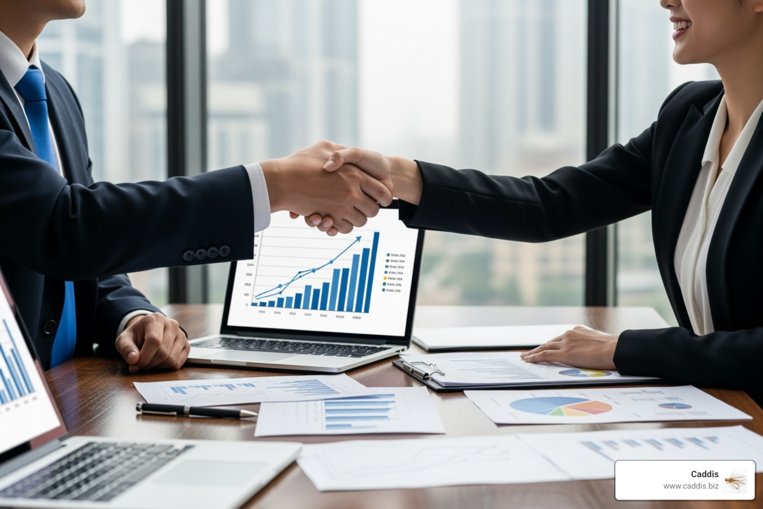 two people shaking hands over a desk with charts and graphs - outsourced sales and marketing