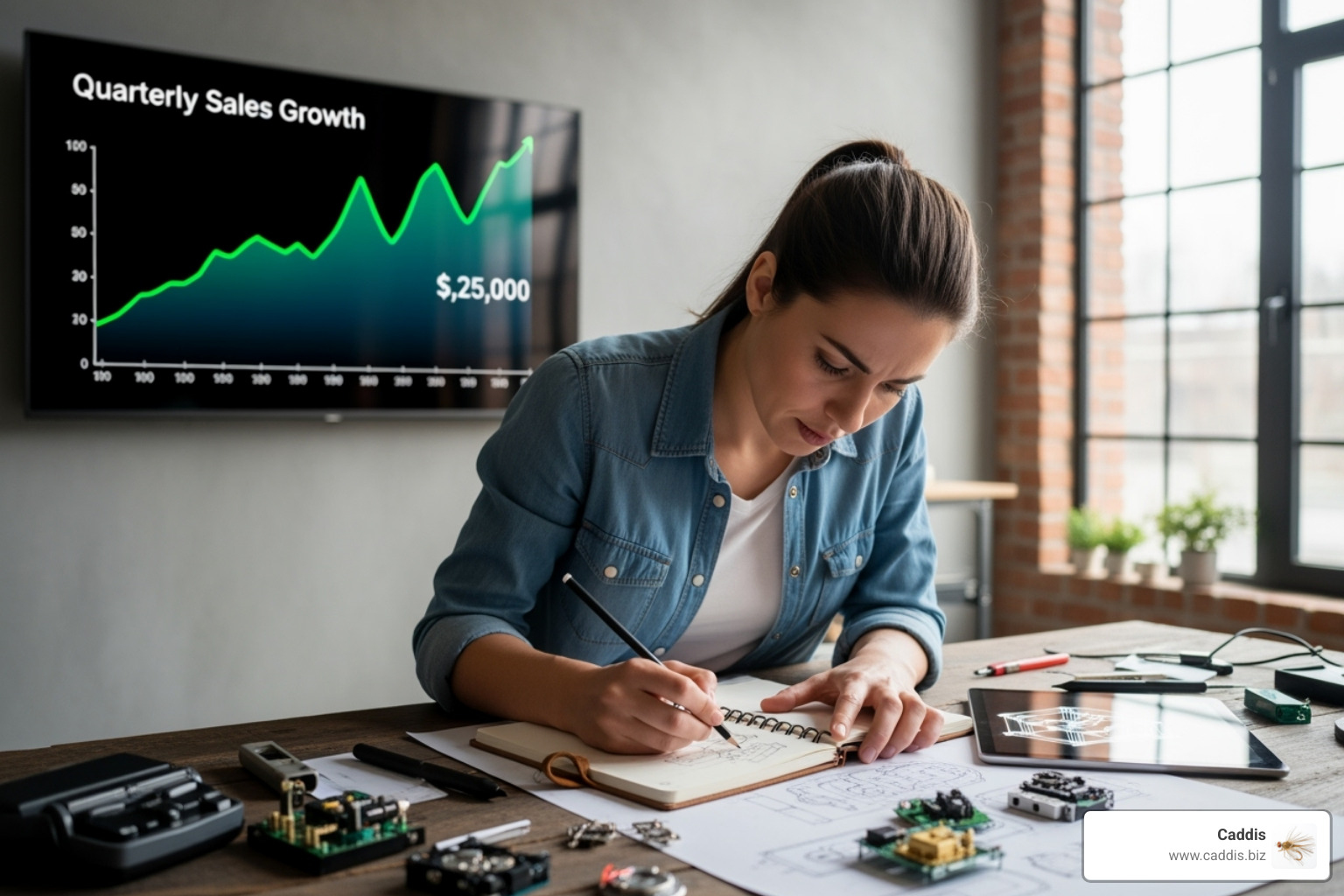 a business owner focusing on product development while a chart shows sales growth in the background - outsourced sales and marketing