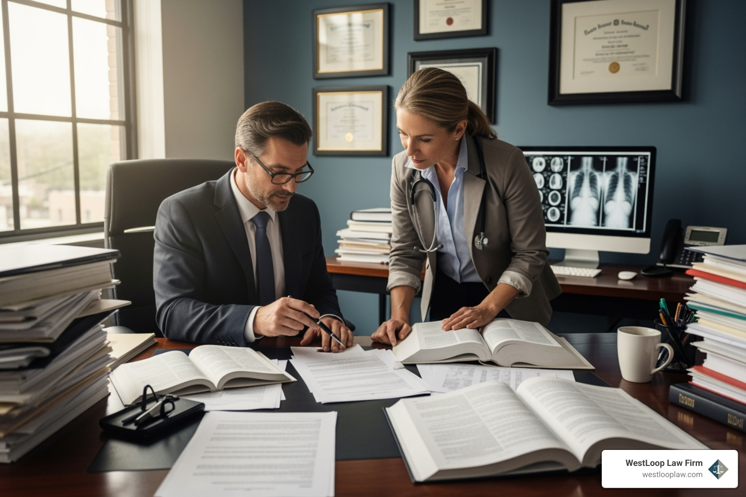 lawyer and expert witness reviewing a file - houston medical malpractice law firm