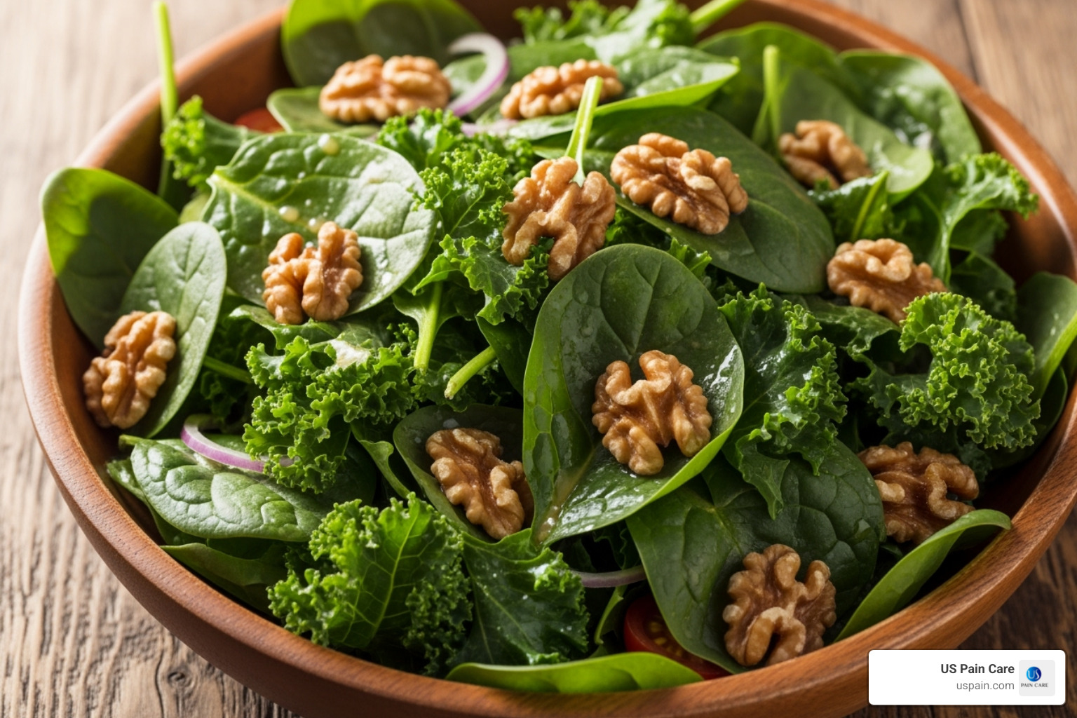 fresh spinach and kale salad with walnuts - foods that fight pain