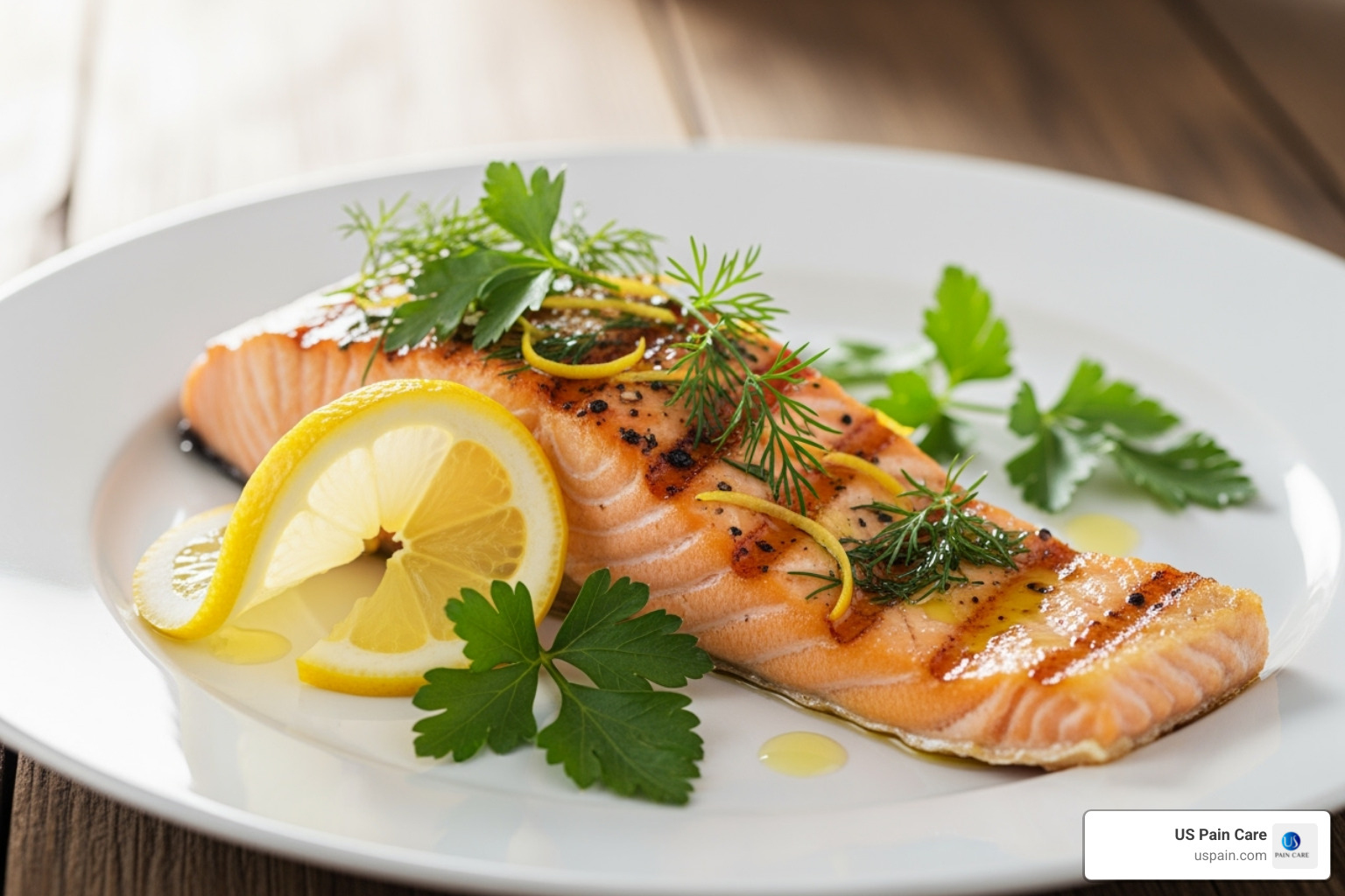 grilled salmon fillet with lemon and herbs - foods that fight pain
