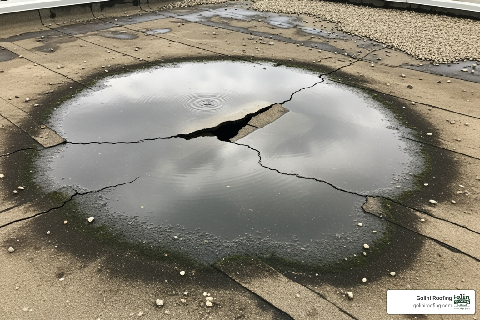 Image of a sagging flat roof section indicating a structural issue - cost to repair flat roof ponding Image of a sagging flat roof section indicating a structural issue - cost to repair flat roof ponding