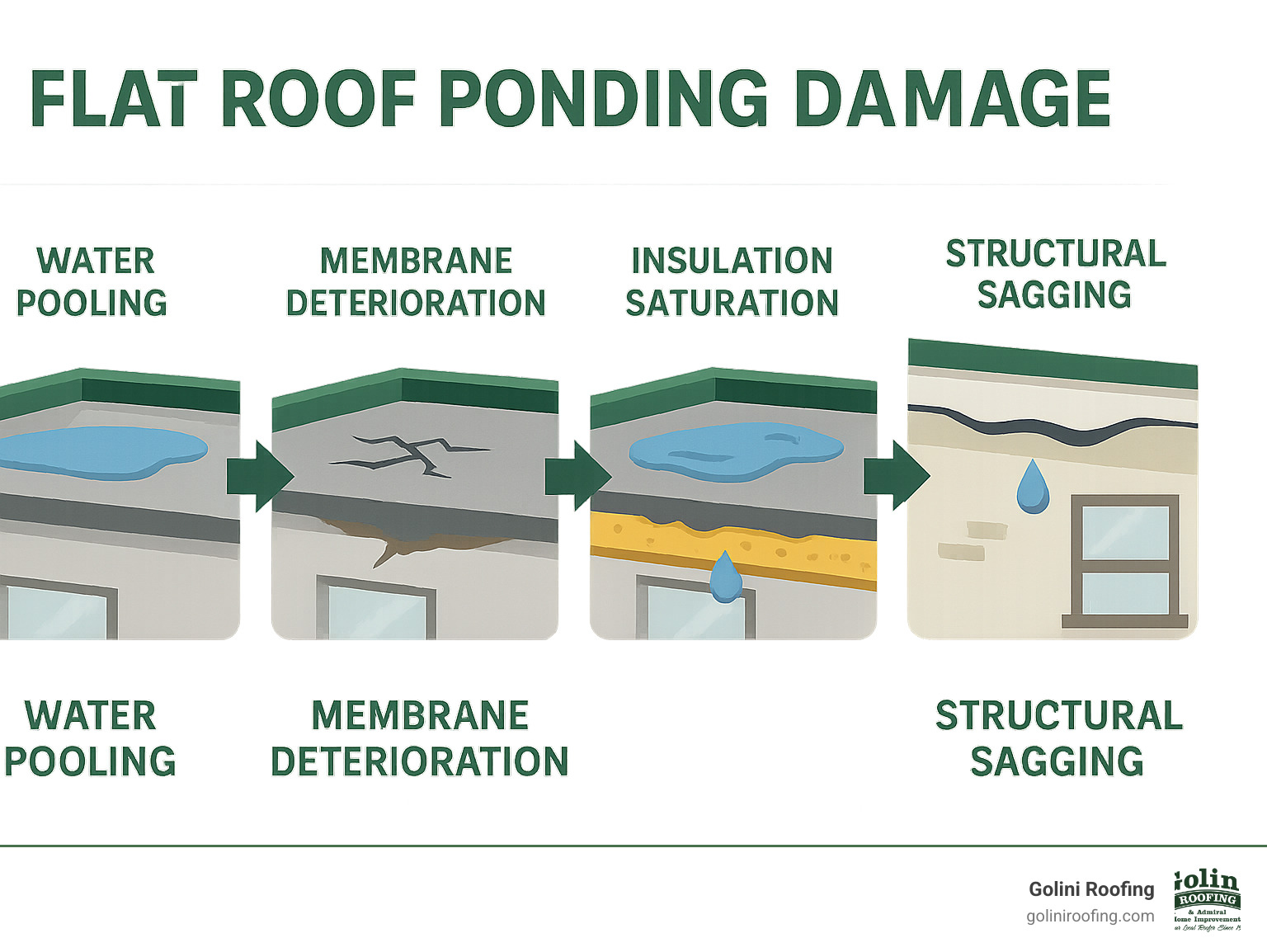 Infographic showing the progression of flat roof ponding damage: initial water pooling leads to membrane deterioration, then insulation saturation, followed by structural sagging, and finally roof deck failure and interior water damage - cost to repair flat roof ponding infographic Infographic showing the progression of flat roof ponding damage: initial water pooling leads to membrane deterioration, then insulation saturation, followed by structural sagging, and finally roof deck failure and interior water damage - cost to repair flat roof ponding infographic