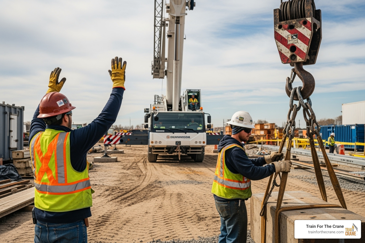 rigger and signalperson coordinating a lift with a crane operator - nccco classes