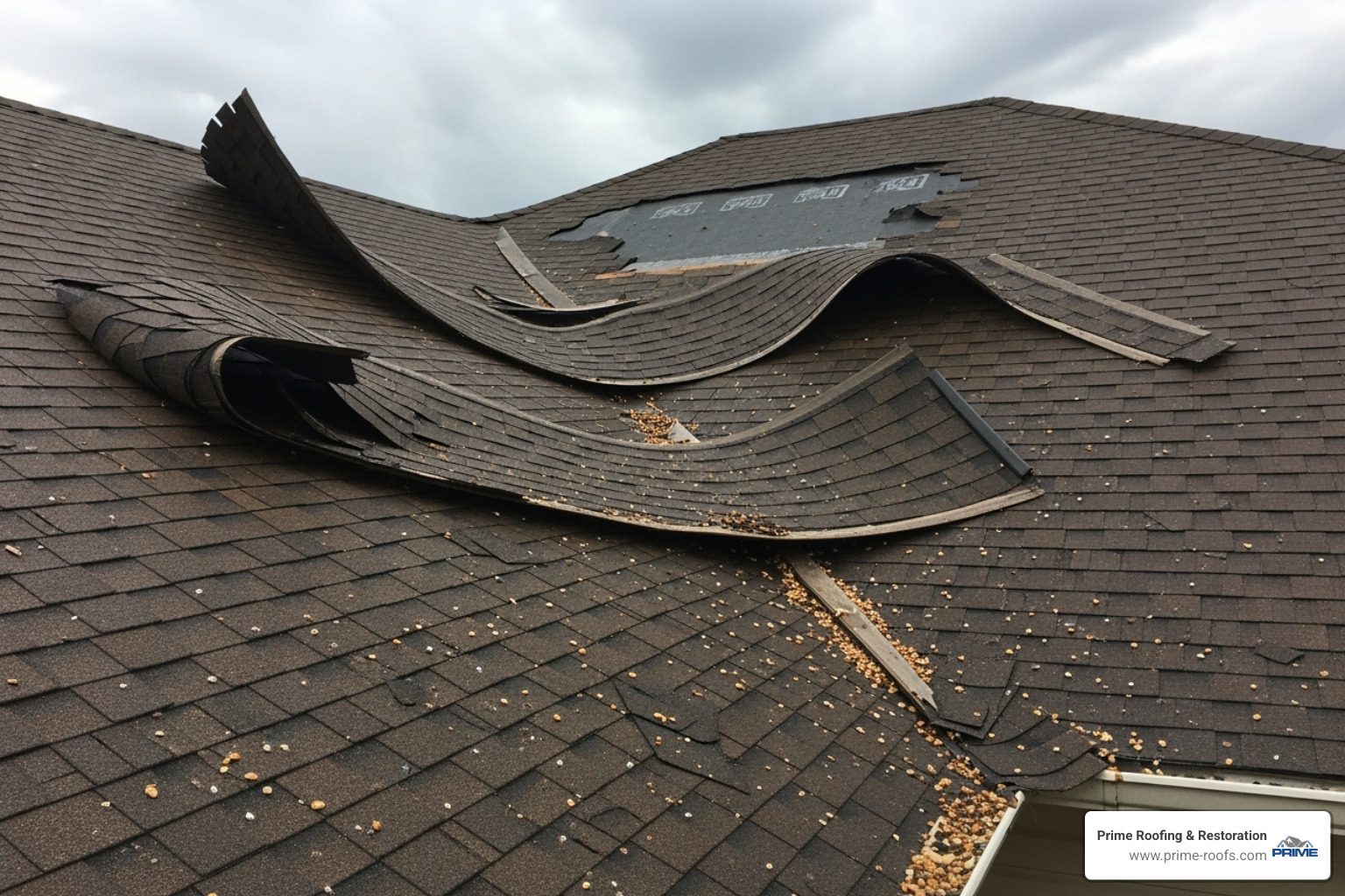 wind-damaged shingles on a roof after a storm - roof repair orange beach al
