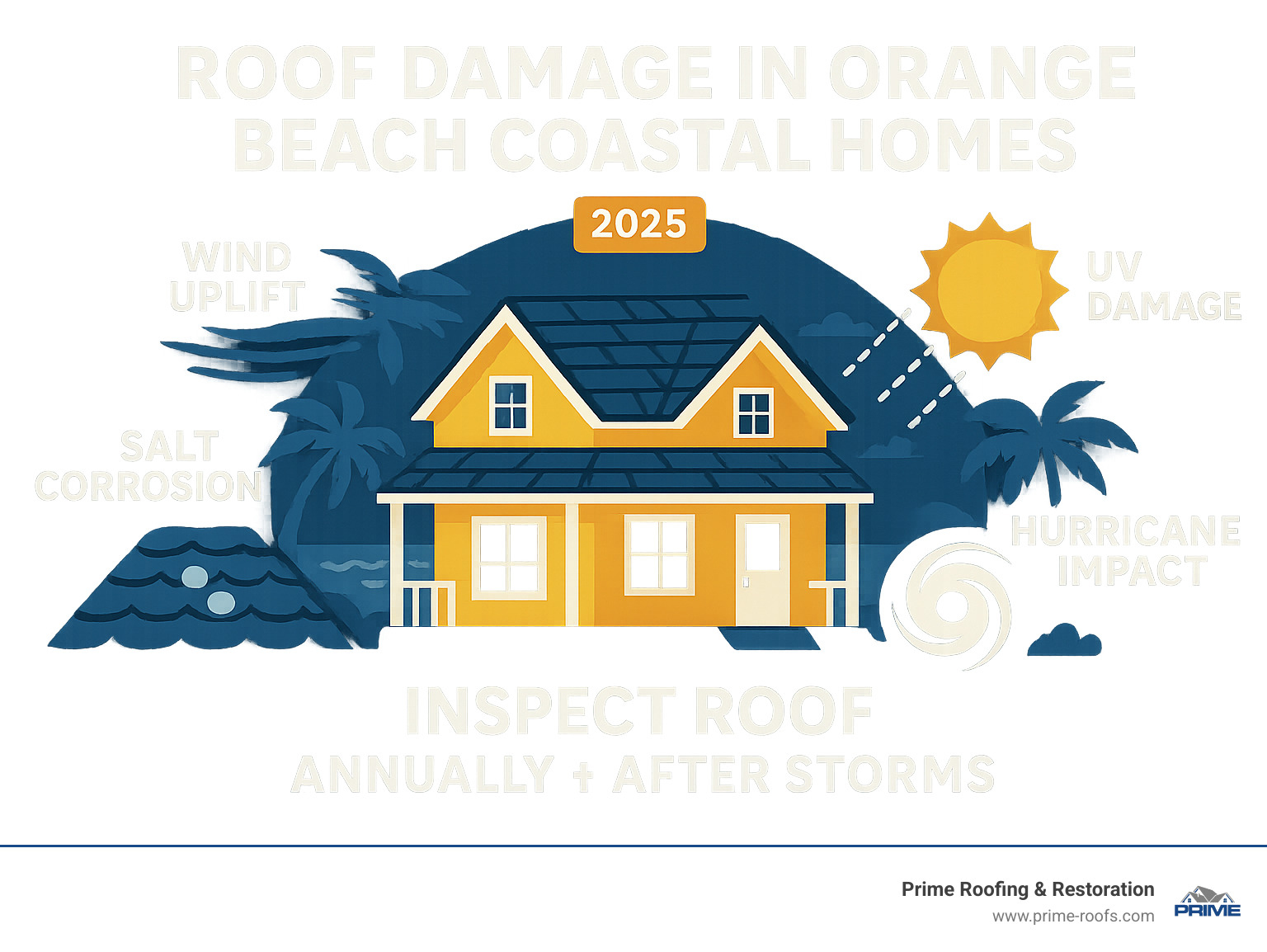 Comprehensive guide showing common roof damage types in Orange Beach coastal homes including wind uplift, salt corrosion, UV damage, and hurricane impact zones with inspection timeline - roof repair orange beach al infographic 